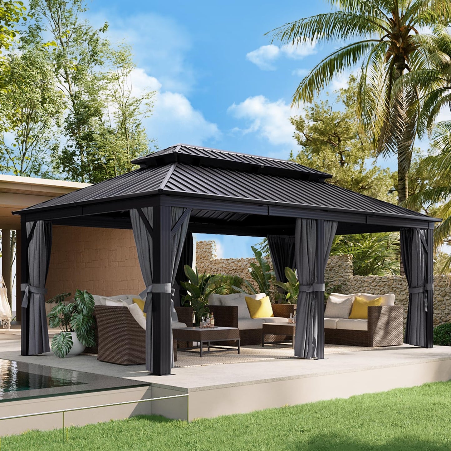 Aoxun 12' X 20' Hardtop Gazebo, Galvanized Steel Double Top, Metal Gazebo with Curtains and Netting, Permanent Canopy Pavilion for Wedding, Party, Outdoor Dining