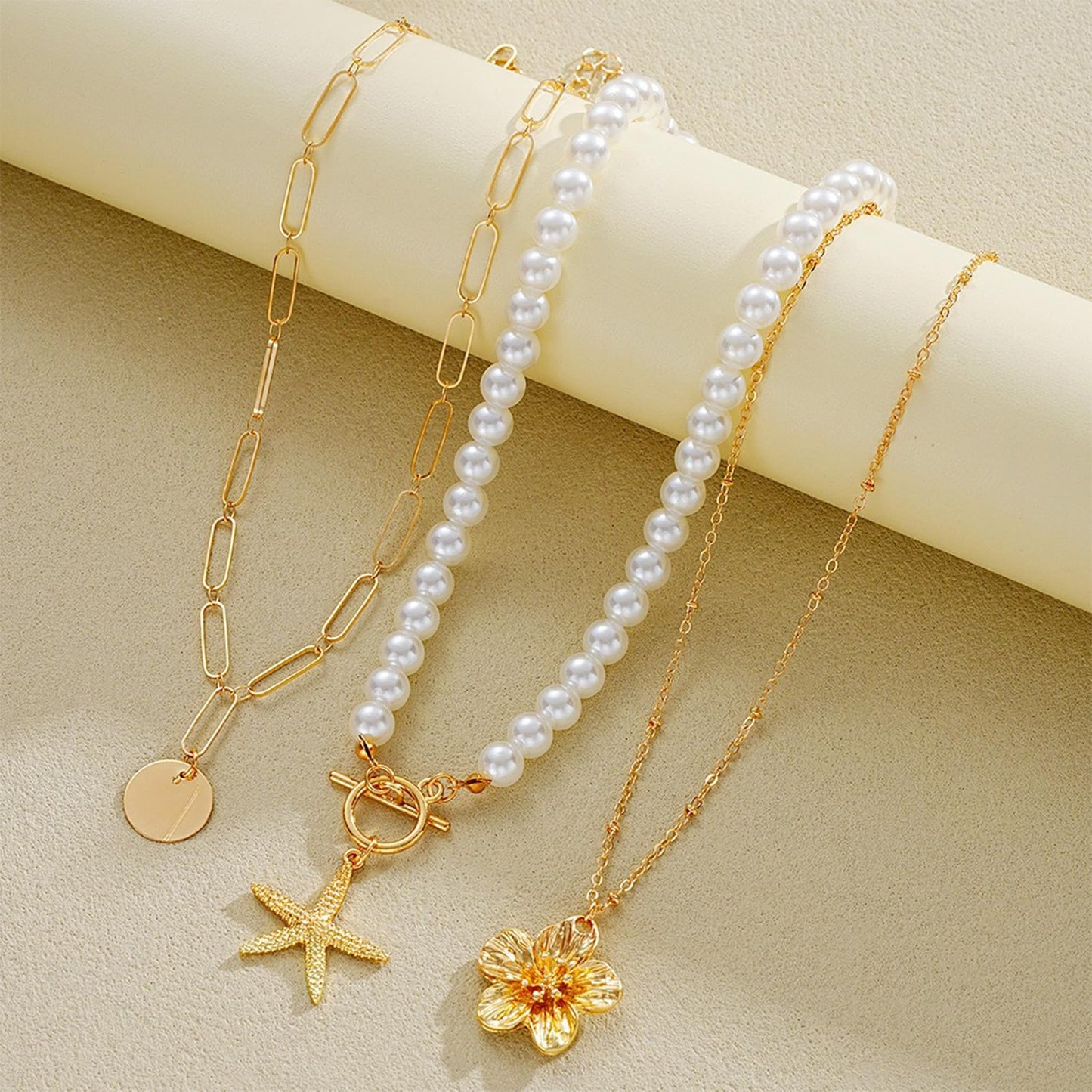Starfish Shell Flower Necklace - Beach Jewelry for Women, Gold Coastal Charm Set, Boho Vacation Necklace, Summer Seashell Accessory