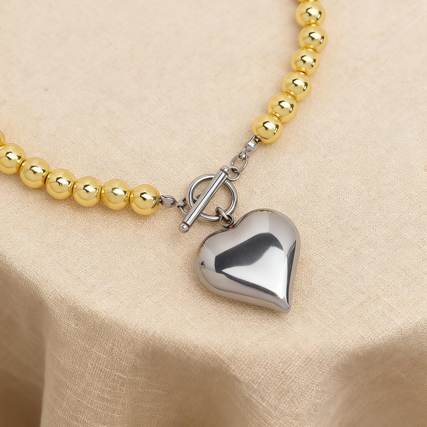 Frigotine Silver Heart Pendant Necklace for Women, Chunky Statement Two-Tone Love Choker Toggle Necklaces Prom Valentines Fashion Holiday Jewelry Gift