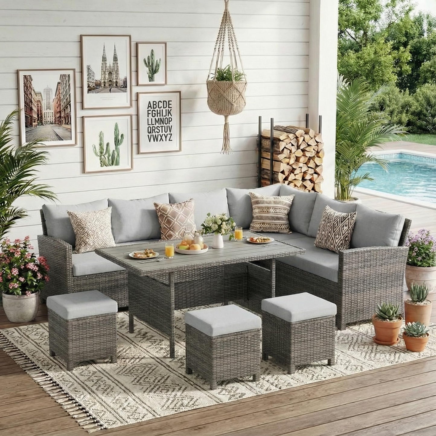 Wisteria Lane 7 Piece Patio Furniture Set, High Curved Back Wicker Patio Sectional, All Weather Outdoor Dining Set, Outdoor Furniture Patio Conversation Set with Ottoman, Grey