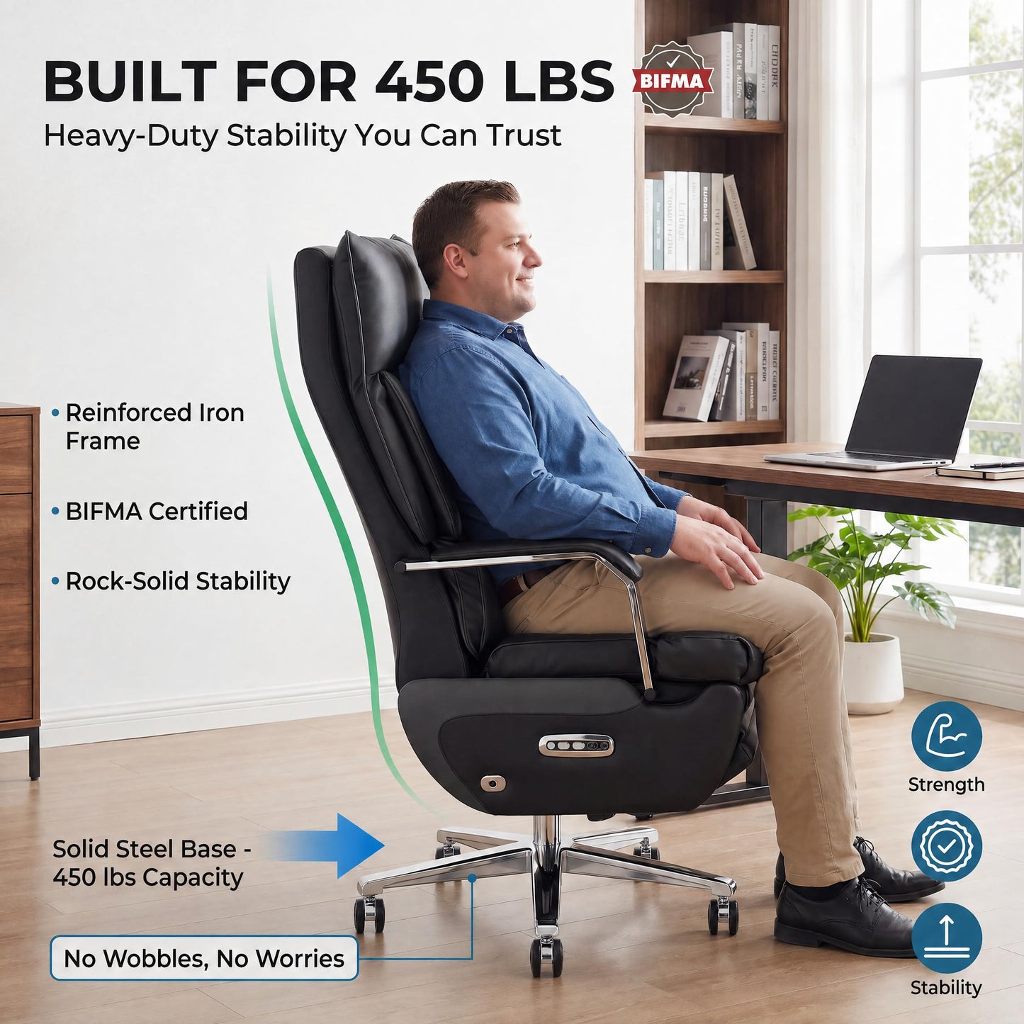 Dual Motor Executive Office Chair with Footrest, 170° Reclining Wide Seat Ergonomic Leather Desk Chair, One-Touch Reset, 450LBS Big and Tall for Home&Office (Black)