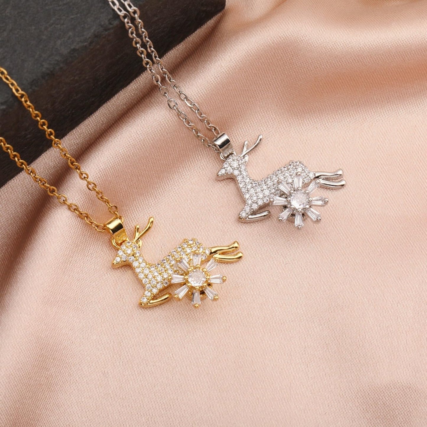 KONPJE Sunflower Fidget Necklace for Women Gold Moon Necklace Rotating Heart Necklaces Spinning Crystal Flower Anxiety Necklaces Crescent Moons Jewelry Accessories (Silver Deer)