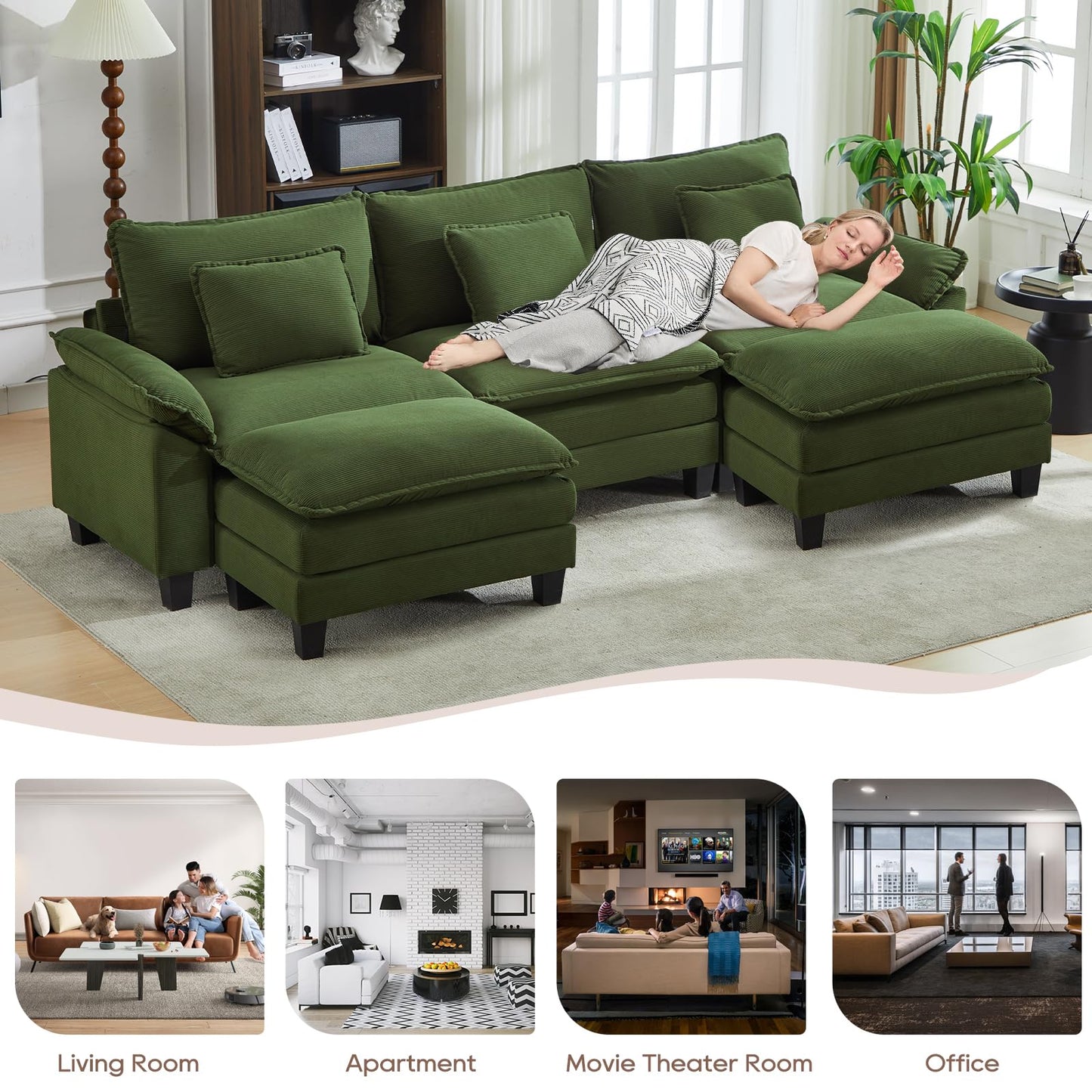 IPKIG 117" Sectional Sofa Cloud Couch, Modern Corduroy U-Shaped Couch Comfy Upholstered 3-Seat Sofa with 2 Ottoman, 3 Lumbar Pillow, Deep Seat Modular Sofa for Living Room, Apartment, Studio, Green