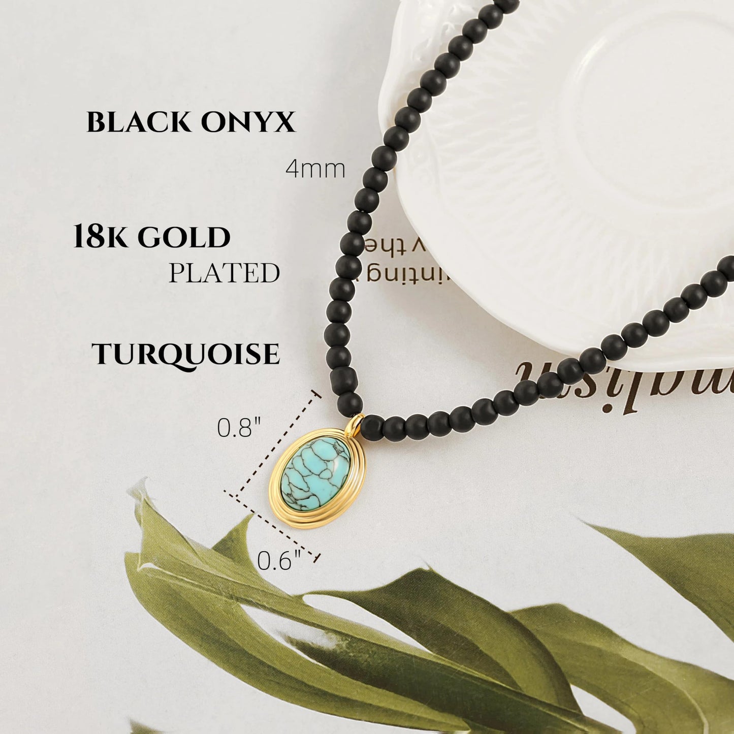 PEARLADA Boho Black Beaded Choker, Oval Turquoise Pendant Necklace for Women, 18k Gold Plated Chakra Gemstone Necklace