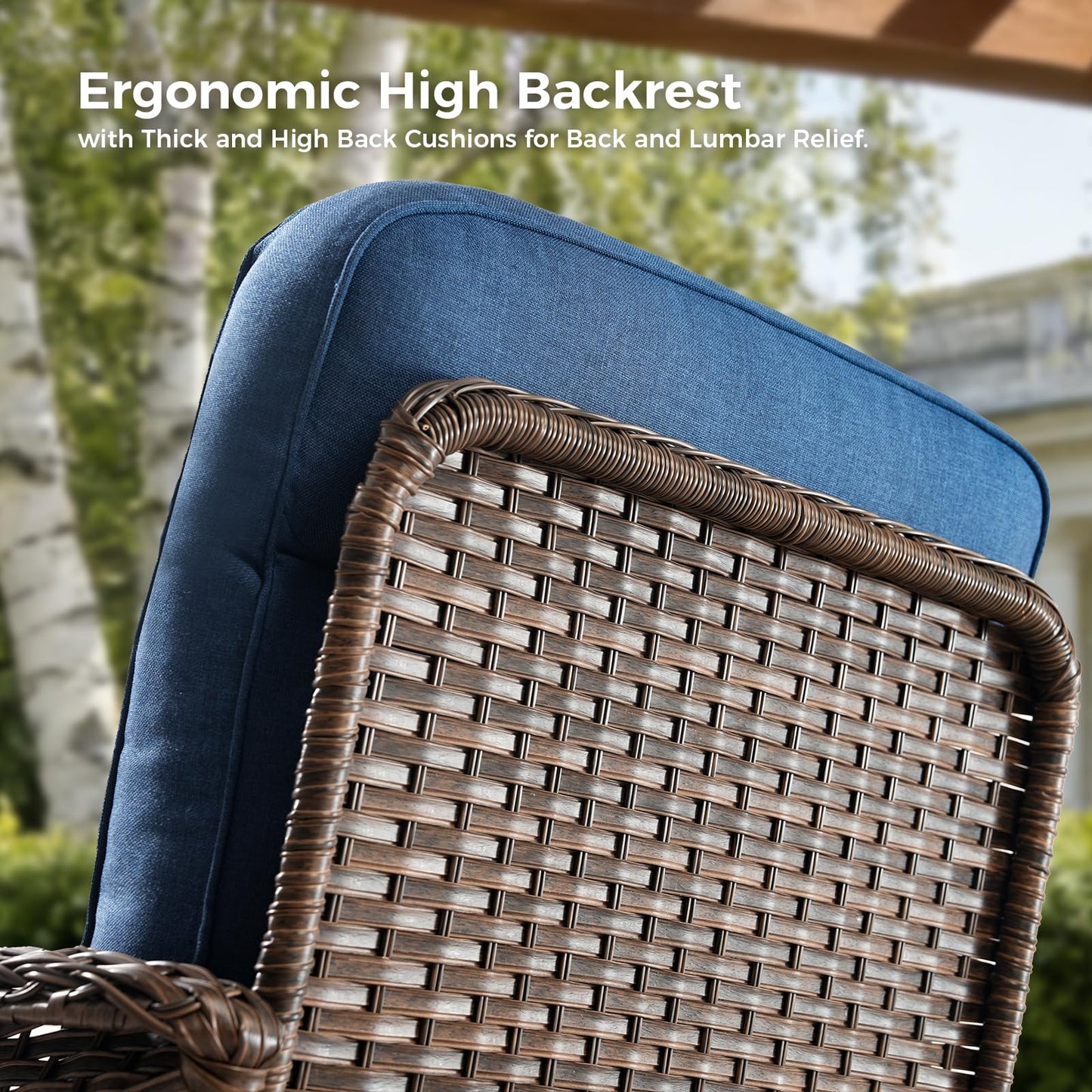 Luxury Patio Furniture Set with 6-inch Thick Cushions, Outdoor Furniture Set with High Back Swivel Chairs, 6 PCS Wicker Outdoor Conversation Set for Porch, Patio, Yard, Deck, Poolside, Brown/Blue
