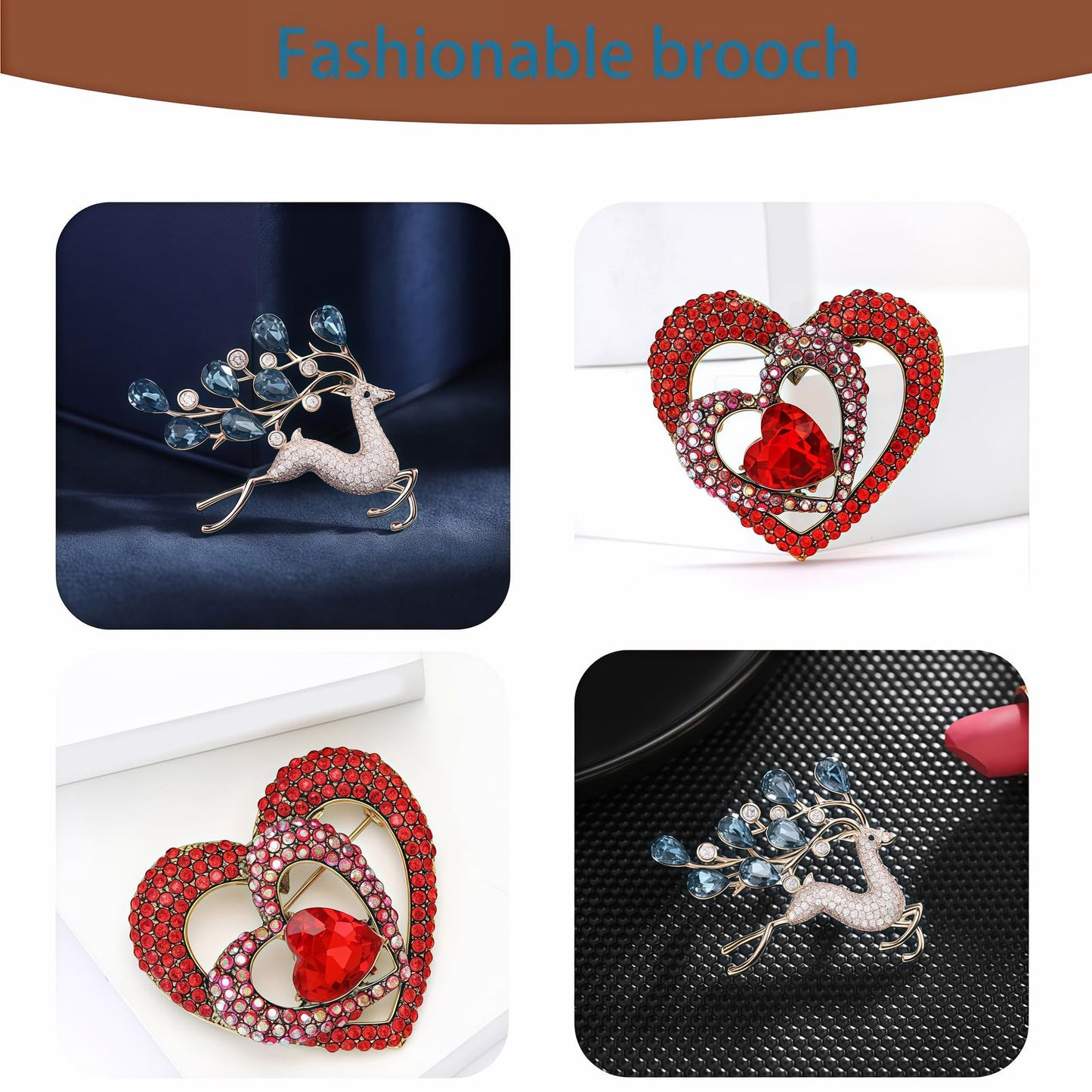 Yaximhozz 2pcs Rhinestone Brooch Pin for Women Dress Elegant Stylish Crystal Brooches Fashion Accessories Pins Lapel Boutonniere Ideas Wedding Christmas Birthday Jewelry Easter Gift (17 Blue Deer/Red Heart)