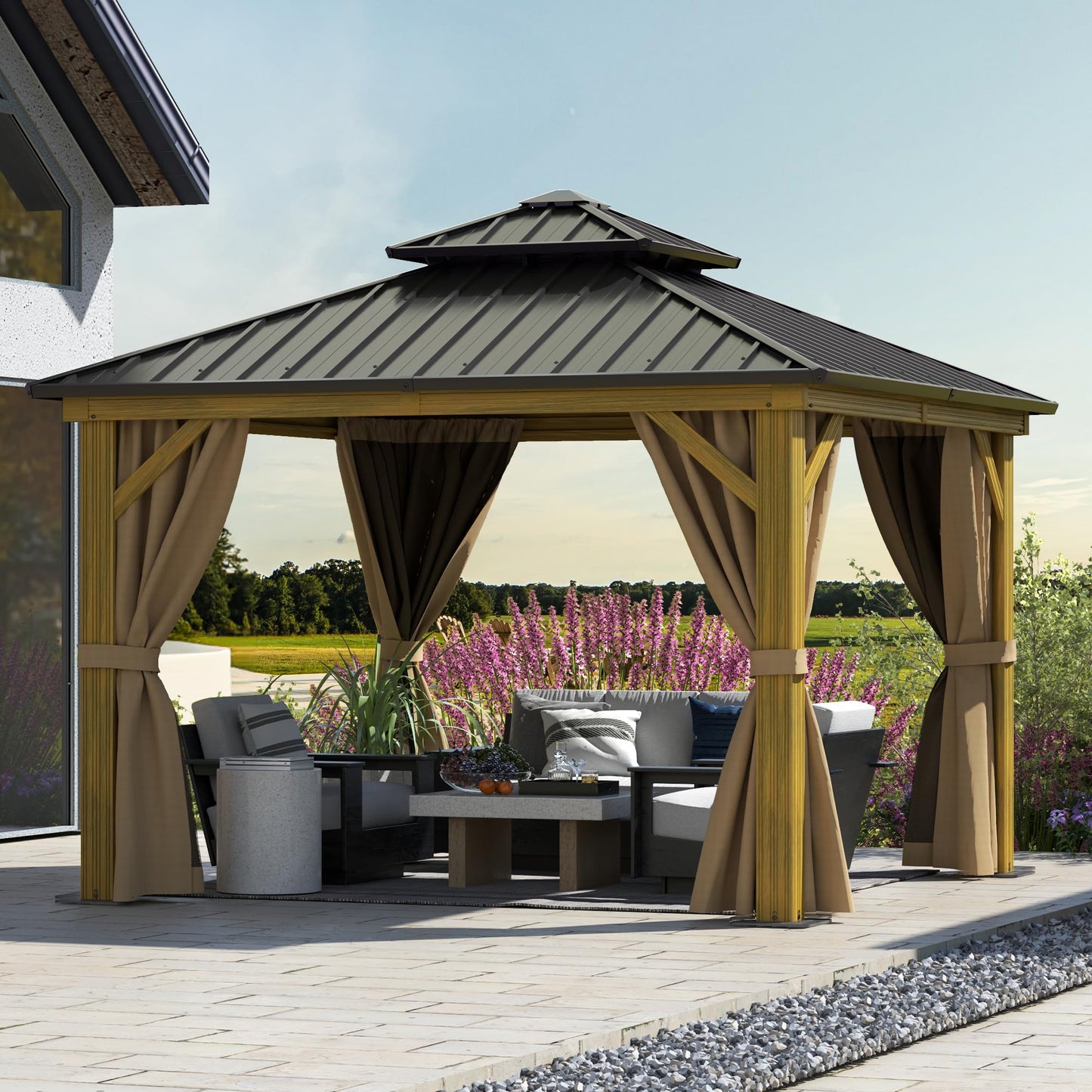 DWVO 10x10ft Gazebo, Wood Grain Aluminum Hardtop Gazebo, Heavy Duty Double Roof Galvanized Steel with Nettings and Curtains for Patio, Backyard, Deck, Lawns, Brown