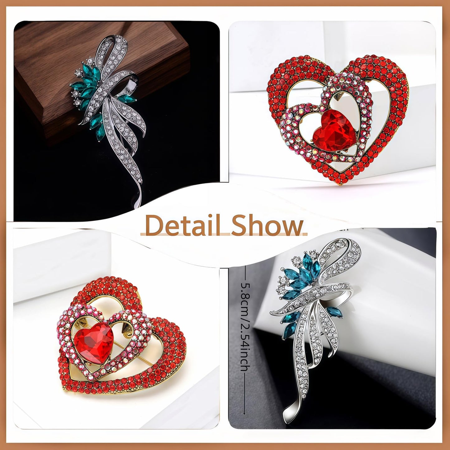Yaximhozz 2pcs Rhinestone Brooch Pin for Women Dress Elegant Stylish Crystal Brooches Fashion Accessories Pins Lapel Boutonniere Ideas Wedding Christmas Birthday Jewelry Easter Gift (19 Red heart/Silver)