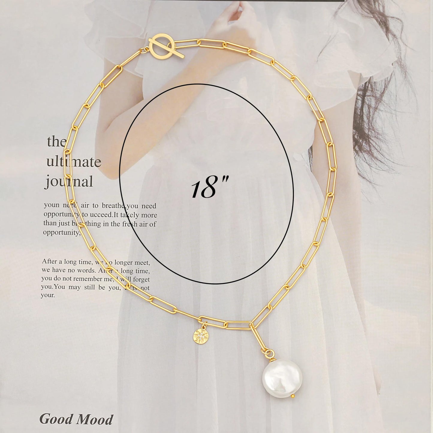 Flat Coin Pearl Pendant Necklace, 18k Gold Plated Paperclip Chain Necklace, Dainty Star Charm Necklace