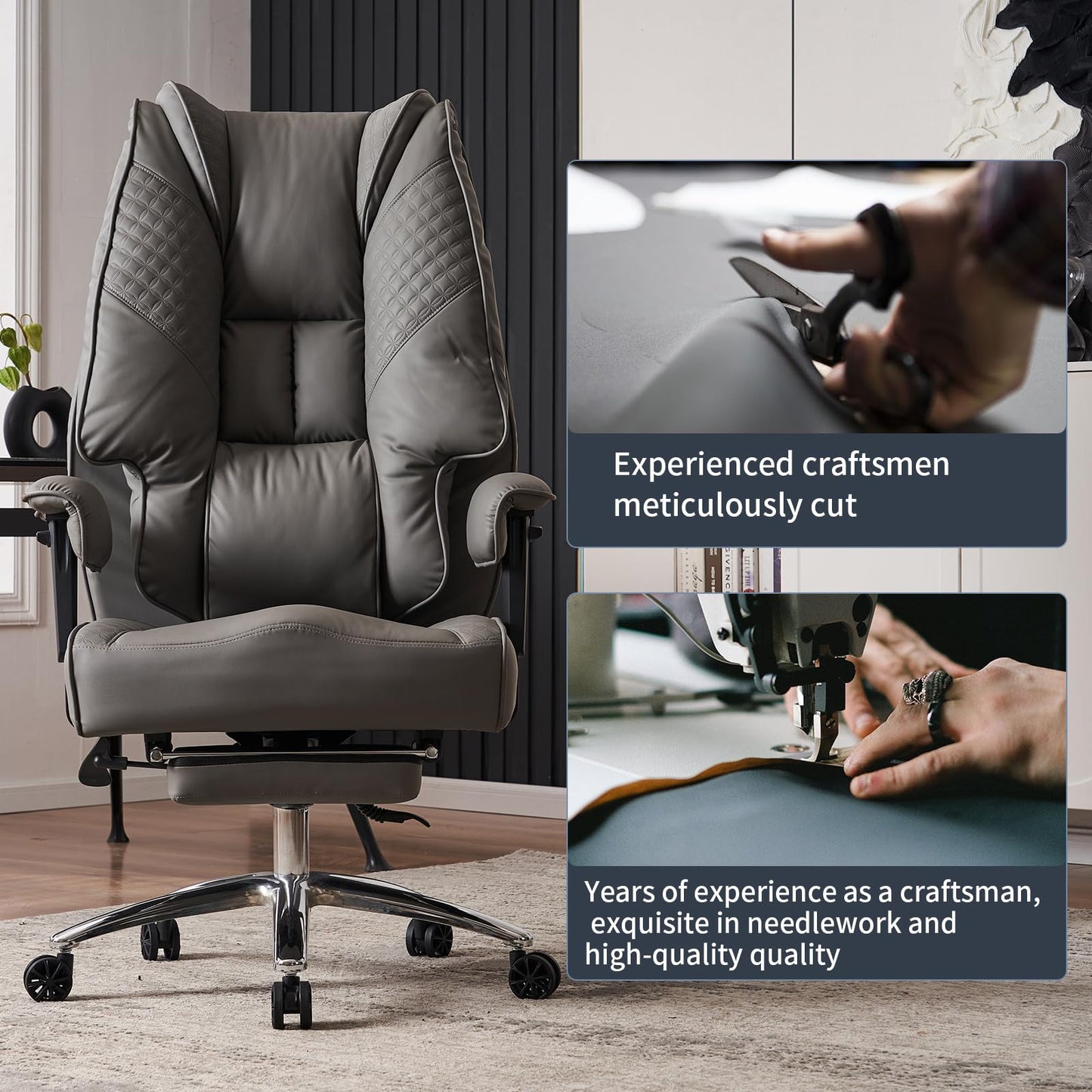 EXCEBET Big and Tall Office Chair 400lbs Wide Seat, Leather High Back Executive Office Chair with Foot Rest, Ergonomic Chairs Lumbar Support for Lower Back Pain Relief (Grey)