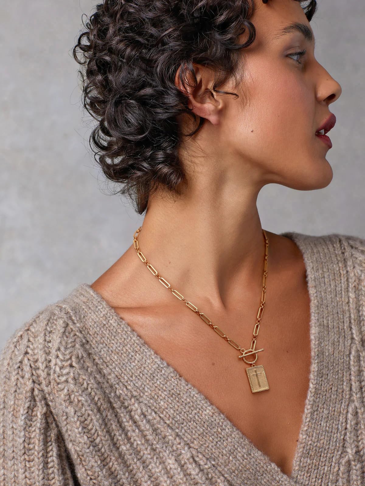 PEARLADA Chunky Cross Necklace for Women, Statement 18k Gold Plated Paperclip Necklace with Toggle, Square Pendant Christian Jewelry