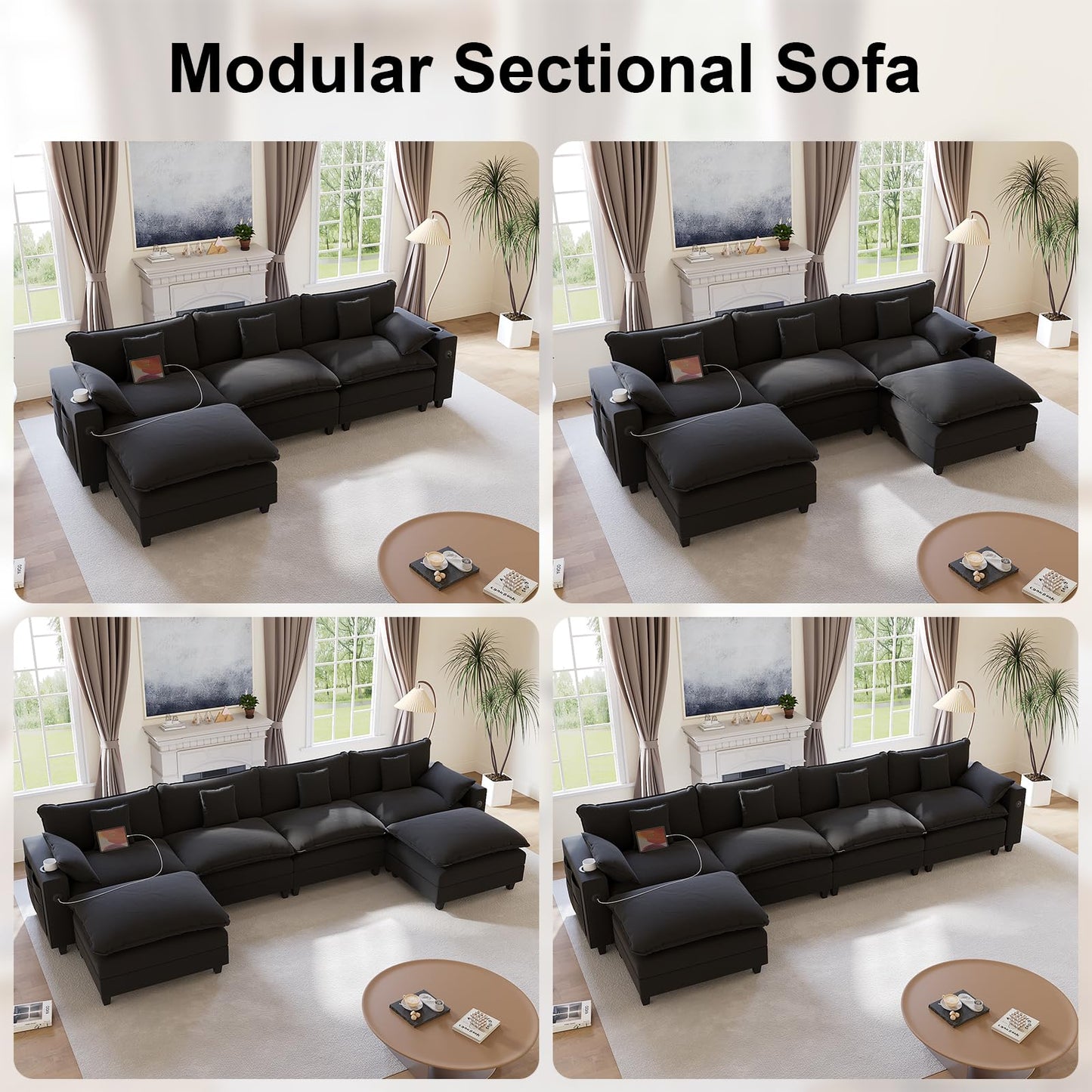 KCGKCG 152" Modular Sectional Sofa, L Shaped Cloud Couch with Movable Ottoman, Chenille Deep Seat Cloud Sofa with Charging Station, Cup Holder, Side Pocket, Sectional Couches for Living Room, Black