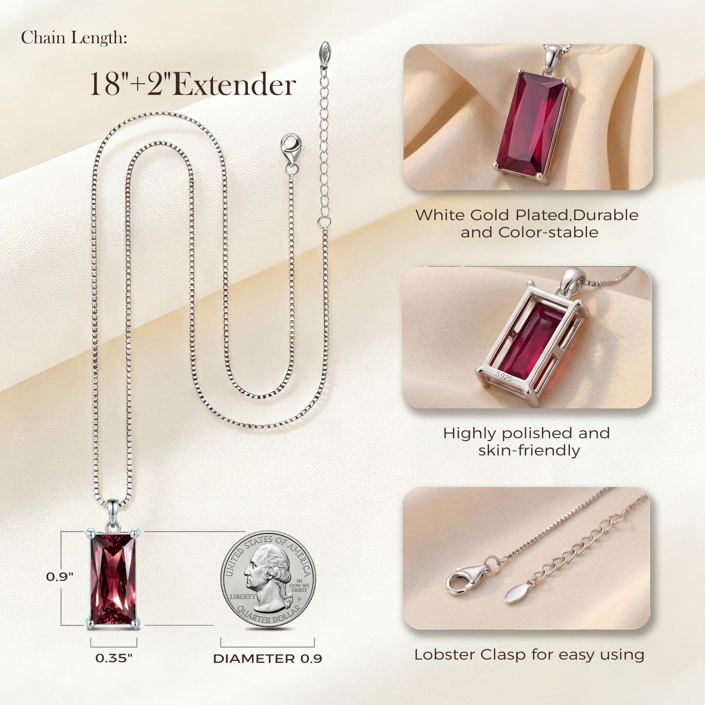 Kuschelkatze 8mm x 16mm Square January Birthstone Garnet Pendant Necklace – Fashion charming Sterling Silver Gift for women