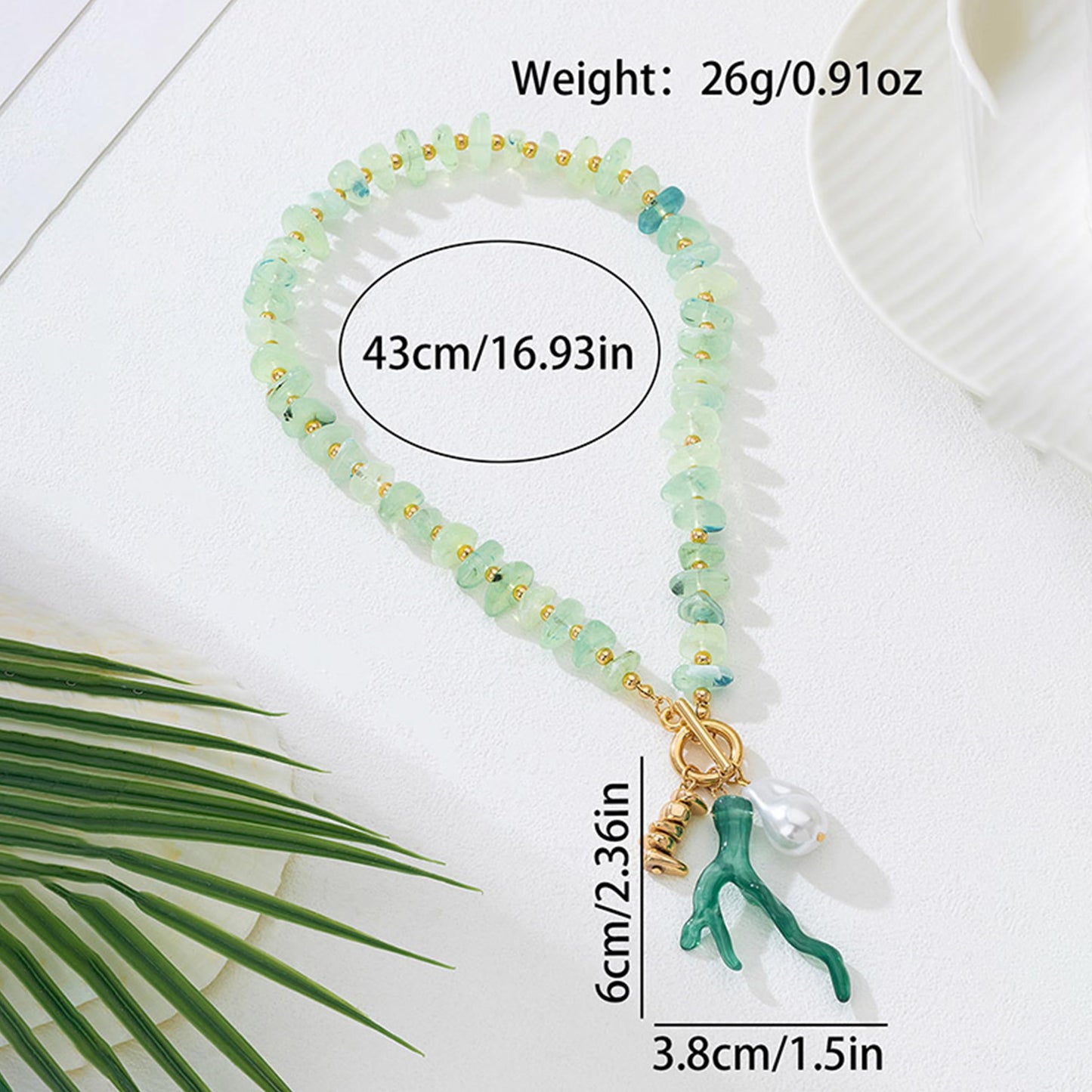 Ocean Coral Pendant Necklace for Women Green Acrylic Beaded Choker Gold OT Clasp Baroque Pearl Charm Necklace Boho Summer Beach Vacation Nautical Coastal Jewelry (Green)