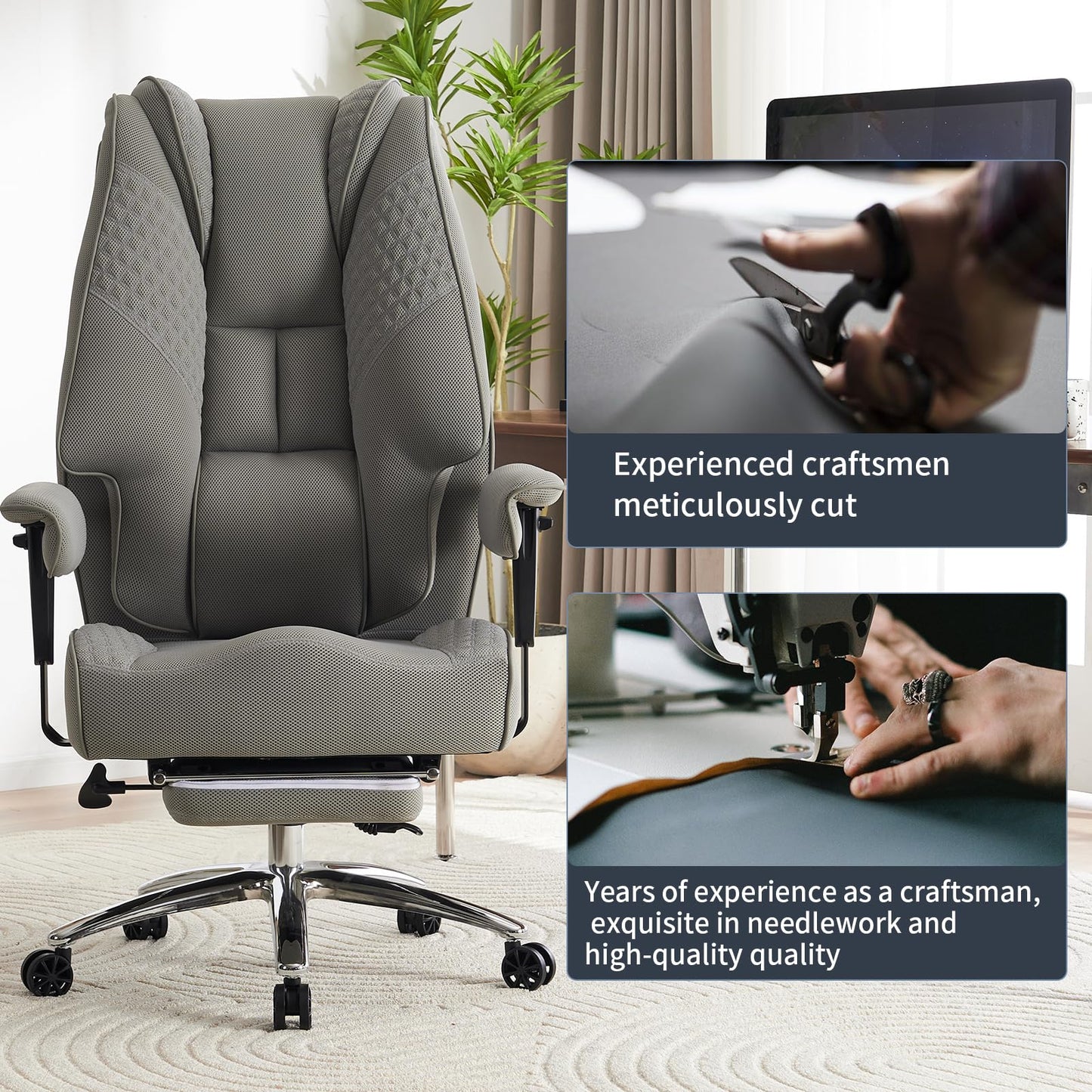 EXCEBET Big and Tall Office Chair 400lbs Wide Seat, Leather High Back Executive Office Chair with Foot Rest, Ergonomic Chairs Lumbar Support for Lower Back Pain Relief (Mesh Light Grey)