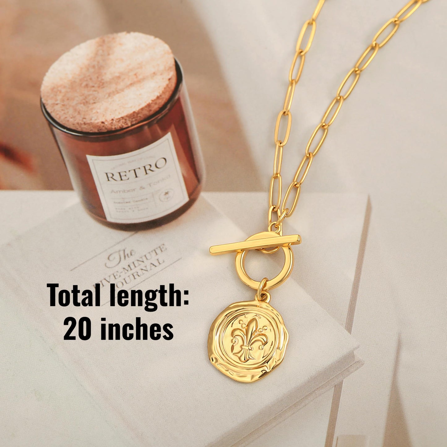 PEARLADA Dainty Birth Flower Coin Necklace, 18k Gold Plated Paperclip Necklace, Vintage Iris Spring Jewelry