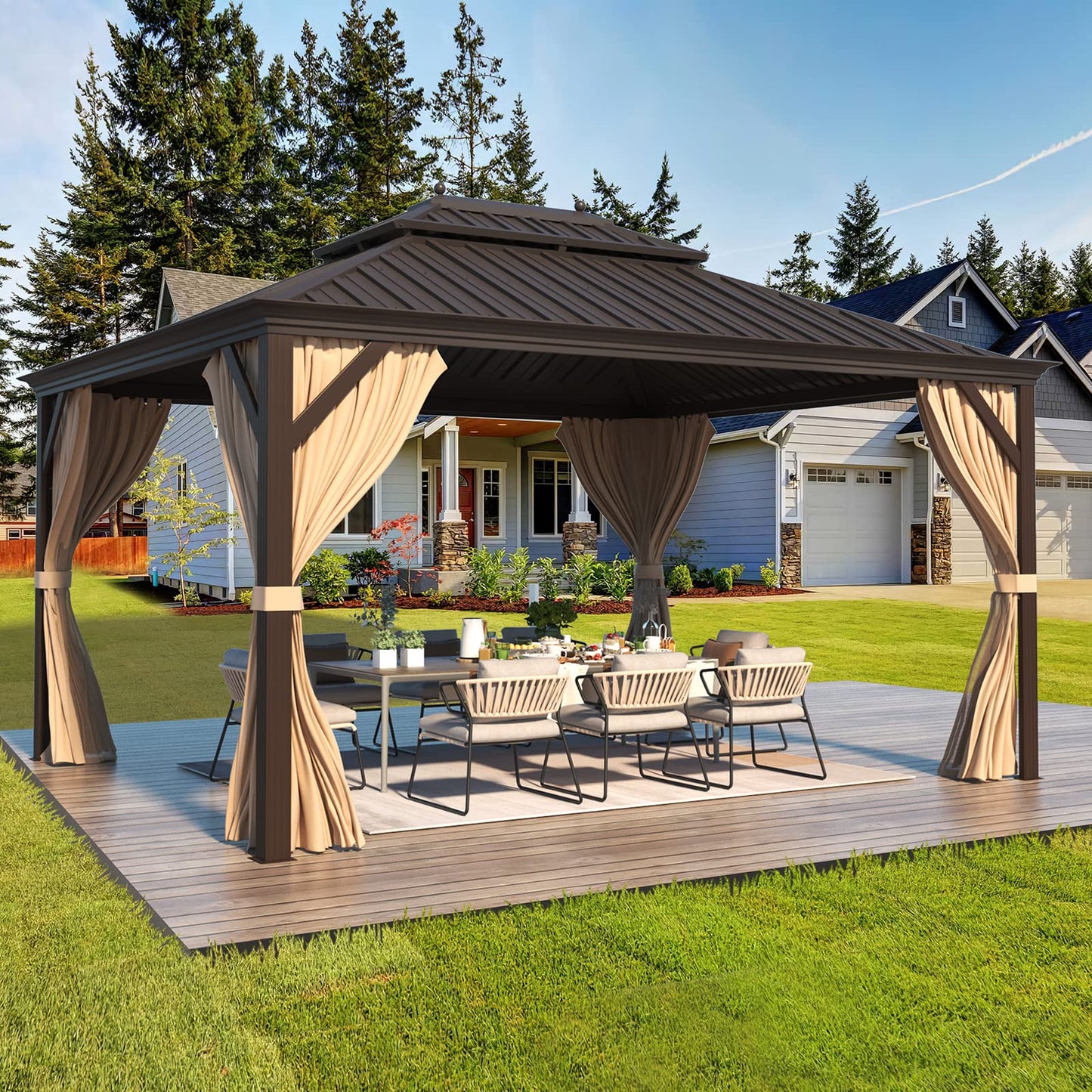 EROMMY 10' X 12' Permanent Hardtop Gazebo Aluminum Gazebos with Galvanized Steel Double Roof for Patio Lawn and Garden, Curtains and Netting Included, Dark Bronze
