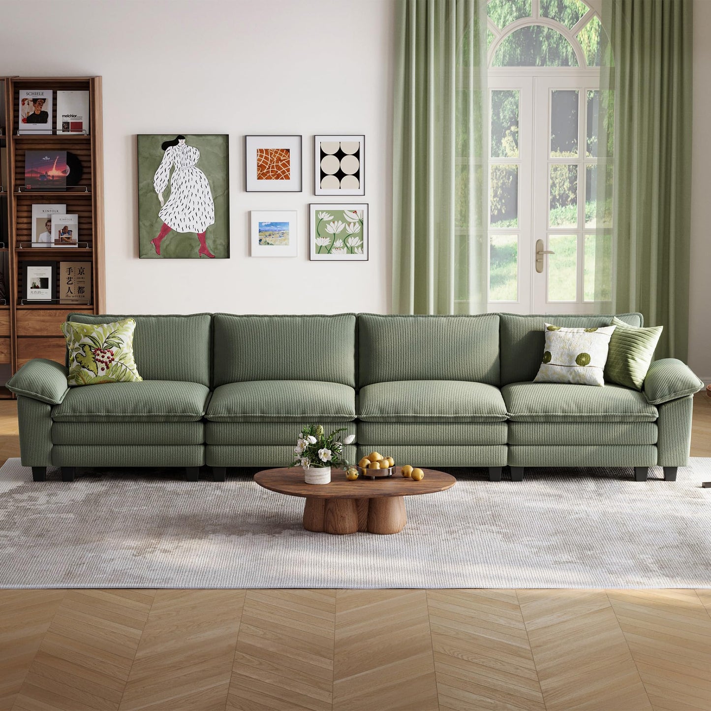 LINSY HOME Modular Sectional Sofa - 157 Inch Oversized Corduroy Cloud Couch with Movable Ottoman Soft Modern Comfy Sofa Set for Living Room Apartment Office, Green