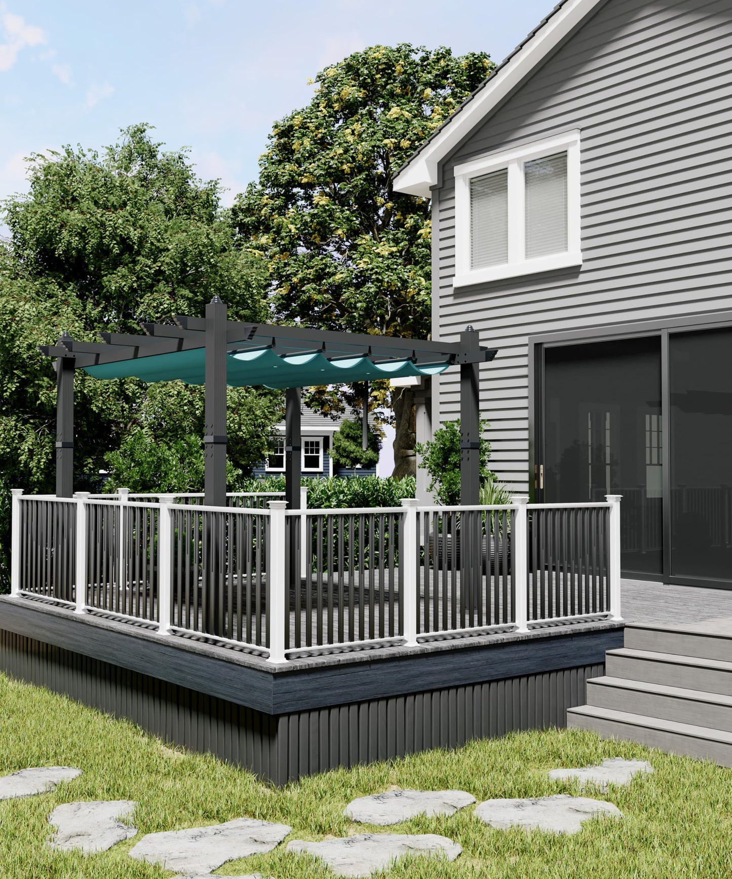 GarveeTech 10x10 ft Pergola Gazebo with Adjustable Canopy, Heavy-Duty Aluminum Sun Shelter with Faux Wood Finish for Outdoor Patio, Deck & Garden, Blue+White