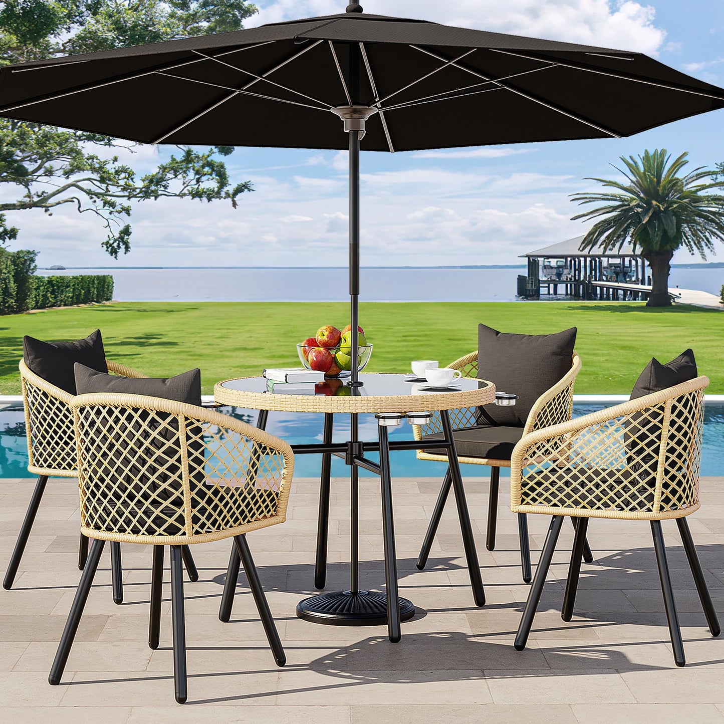 YITAHOME Outdoor Dining Set with Umbralle Hole, 5pcs Rattan Patio Dining Set for 4 with Cup Holders Soft Cushions and Glass Top Dining Table for Patio, Backyard, Garden, Bacony, Light Brown & Black
