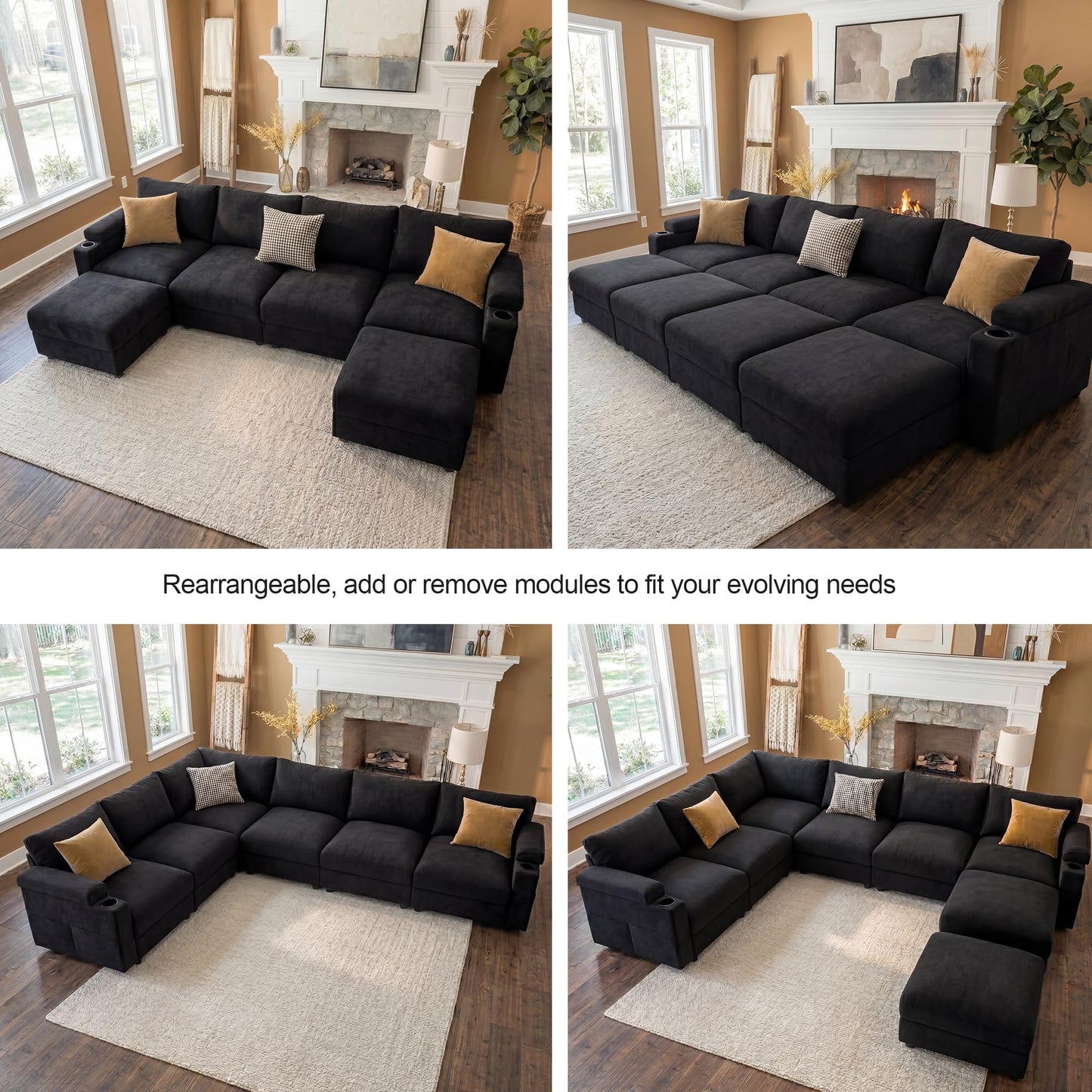 Sectional Couches for Living Room FSC Certified Velvet Modular Couch Oversized Cloud U Shaped Convertible Sleeper Sofa Chaise Detachable Armrest Cushion (Chenille Black, 4 Seat)