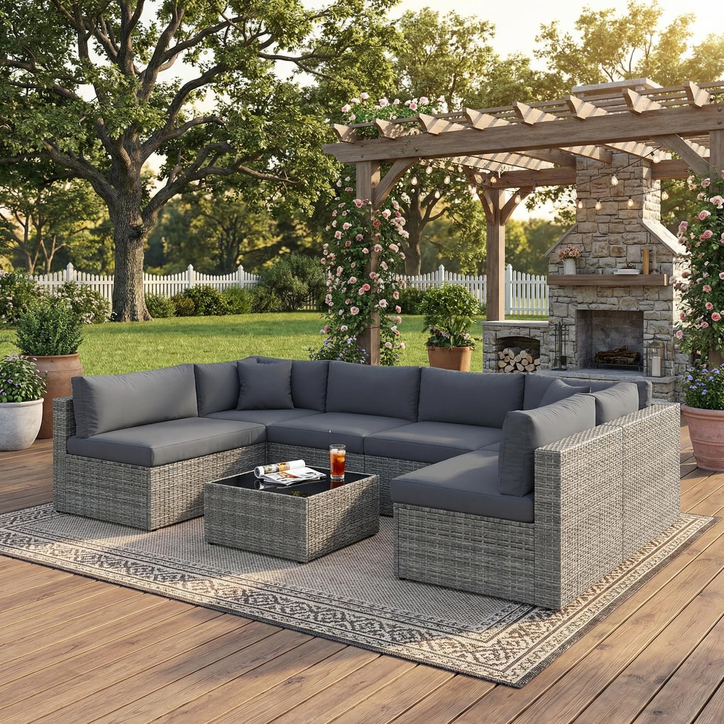 May in Color 7 Pieces Wicker Outdoor Patio Furniture Set, Patio Sectional Sofa with Coffee Table, All-Weather Outdoor Sectional Furniture for Garden Backyard, Grey
