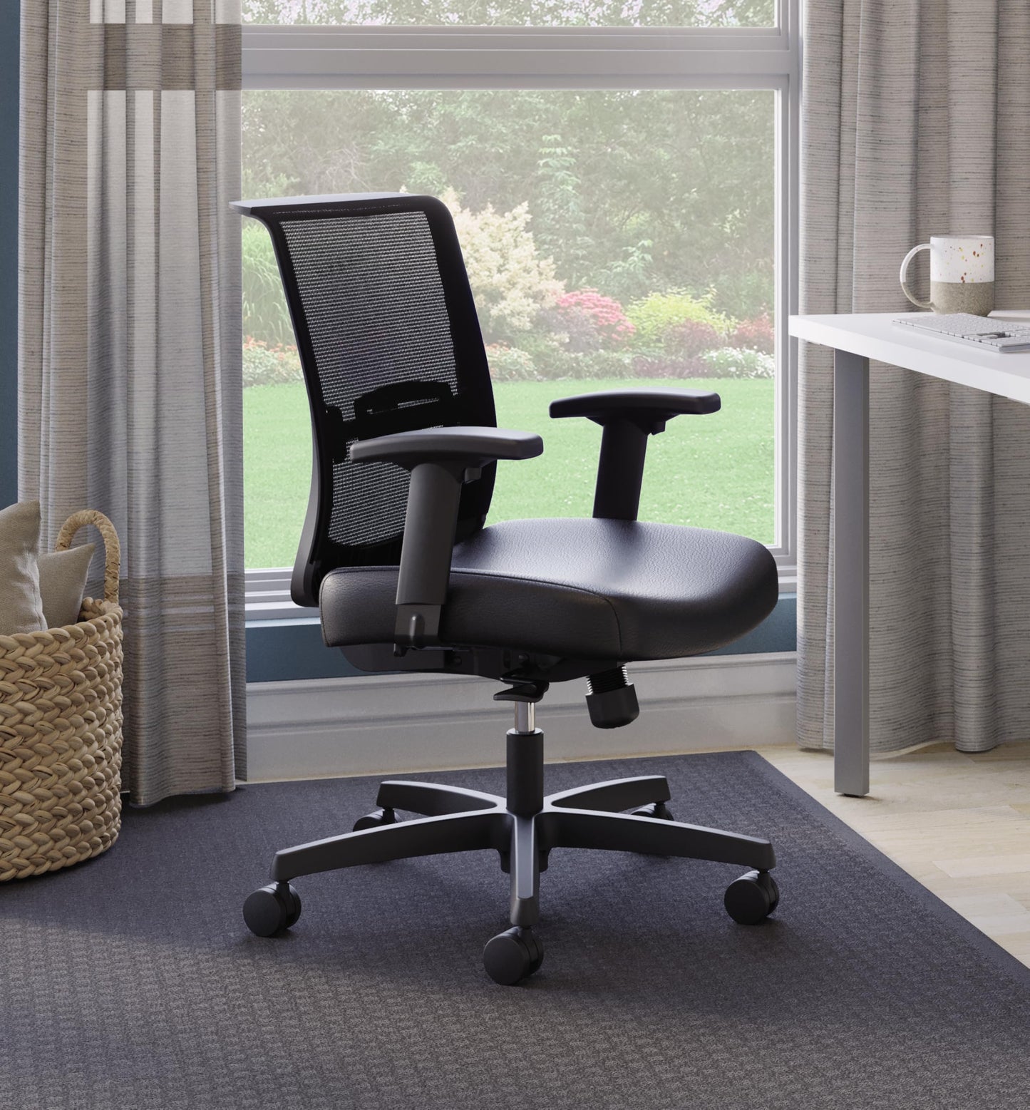 HON Convergence Ergonomic Office Chair with Mesh Back, Vinyl Seat Cushion, Adjustable Arms, Lumbar Support, Synchro‑Tilt Swivel Desk Chair with Wheels for Home Office, Black Frame, Black