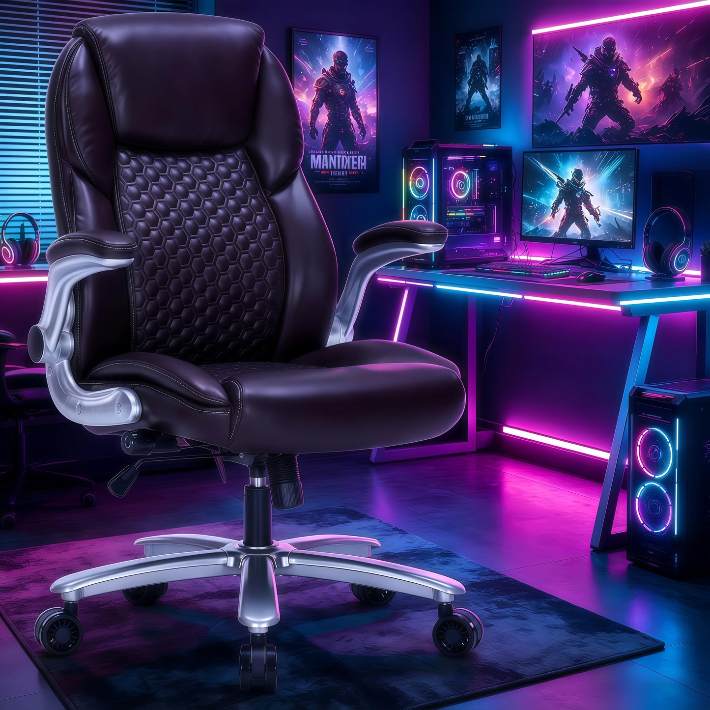 ZLHECTO Big and Tall Office Chair, Ergonomic Desk Chair with Flip-up Arms, PU Leather Office Chair for Home Office, Computer Chair with Adjustable Lumbar Support, Space Saving Executive Task Chair