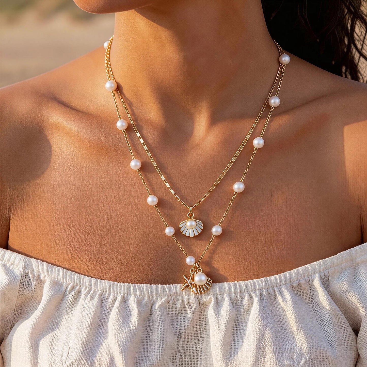 KummerSaprk Seashell Necklace Summer Vacation Jewelry for Women Gold Beachy Necklace Stack Starfish Flower Cowrie Sea Shell Pendant Necklaces Summer Essentials Accessories Gifts