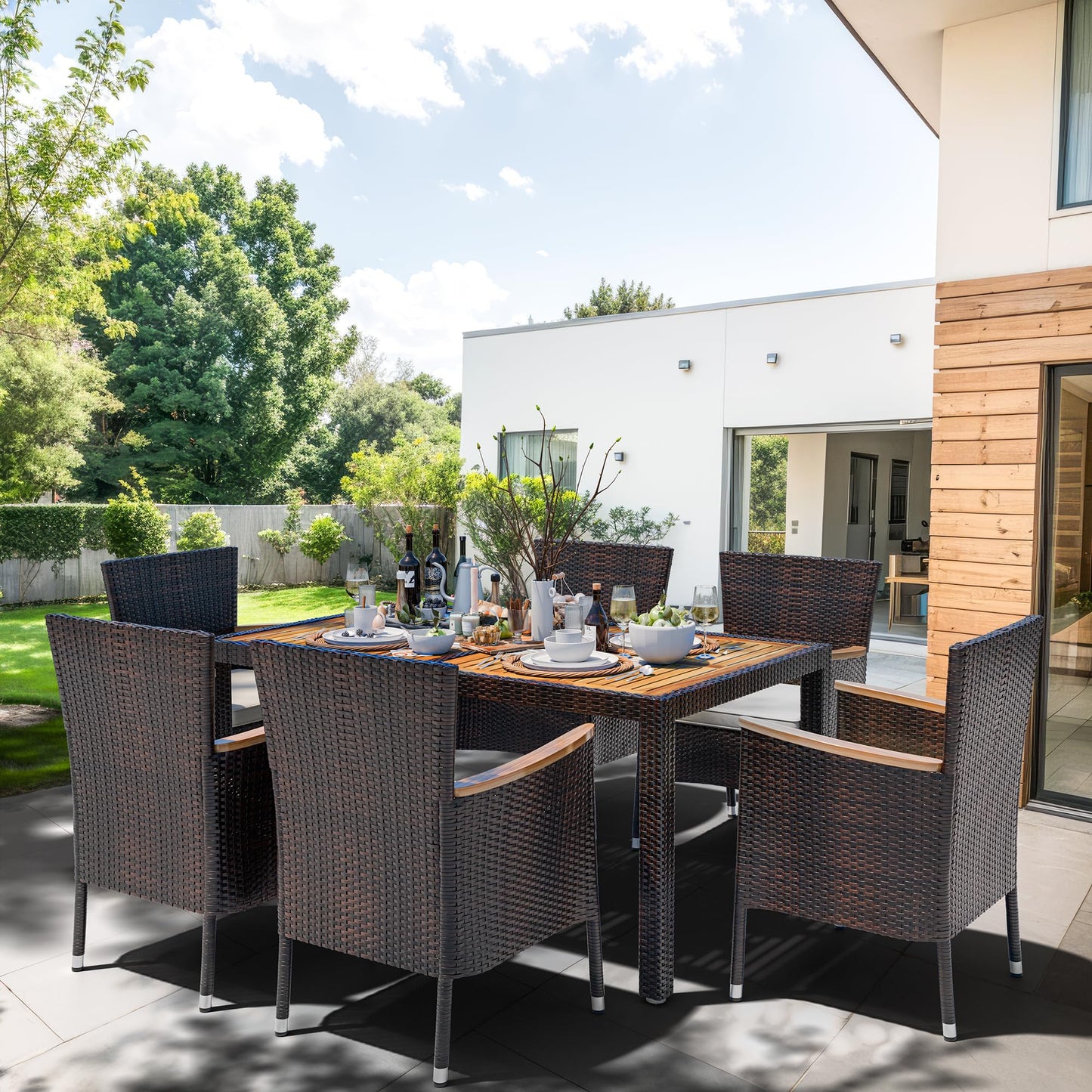 Shintenchi 7 Piece Patio Dining Set, Wicker Patio Conversation Set with Wooden Table Top, Outdoor Table and Chairs with Soft Cushions for Backyard, Deck and Garden, Brown Rattan