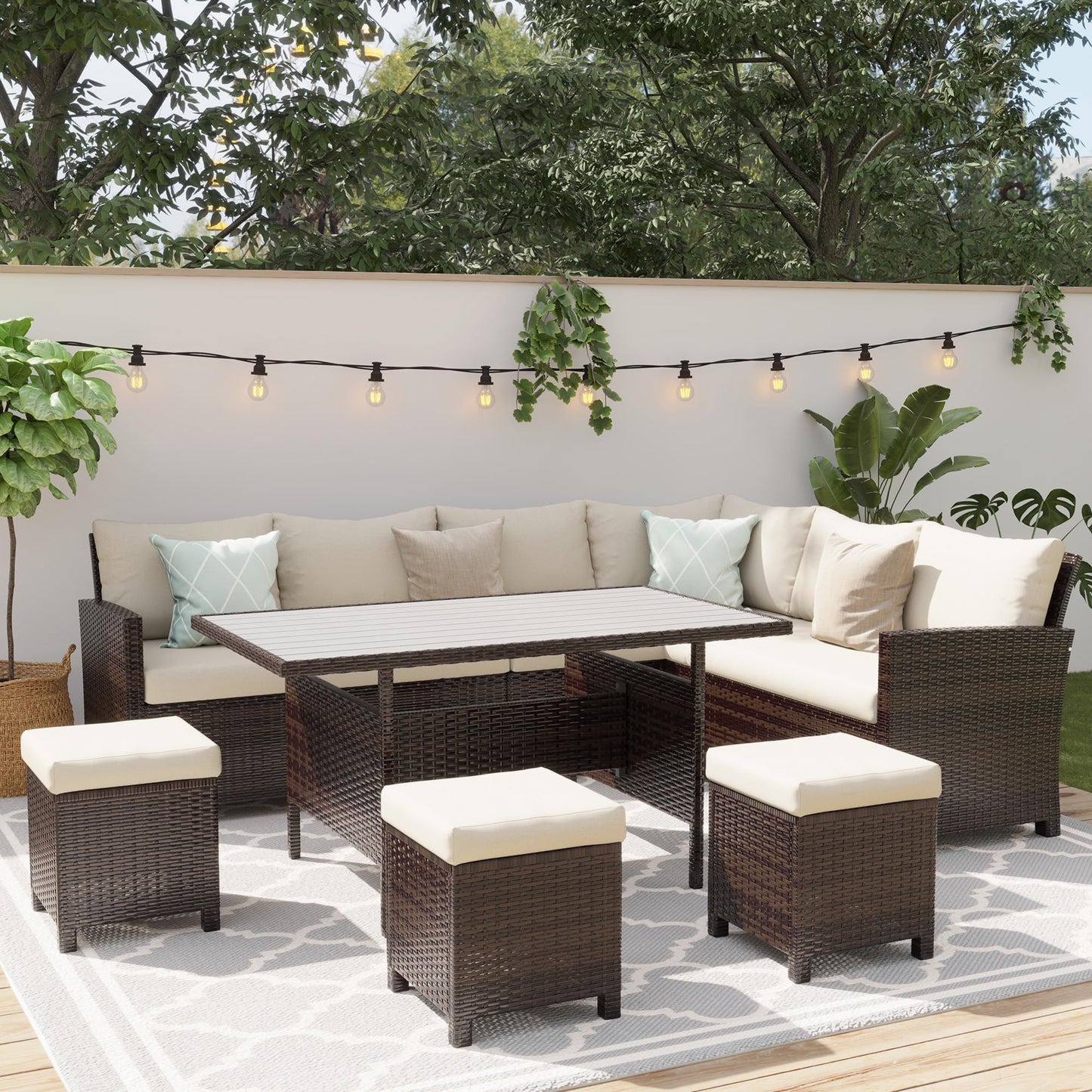 Wisteria Lane 7 Piece Patio Furniture Set, High Curved Back Wicker Patio Sectional, All Weather Outdoor Dining Set, Outdoor Furniture Patio Conversation Set with Ottoman, Brown
