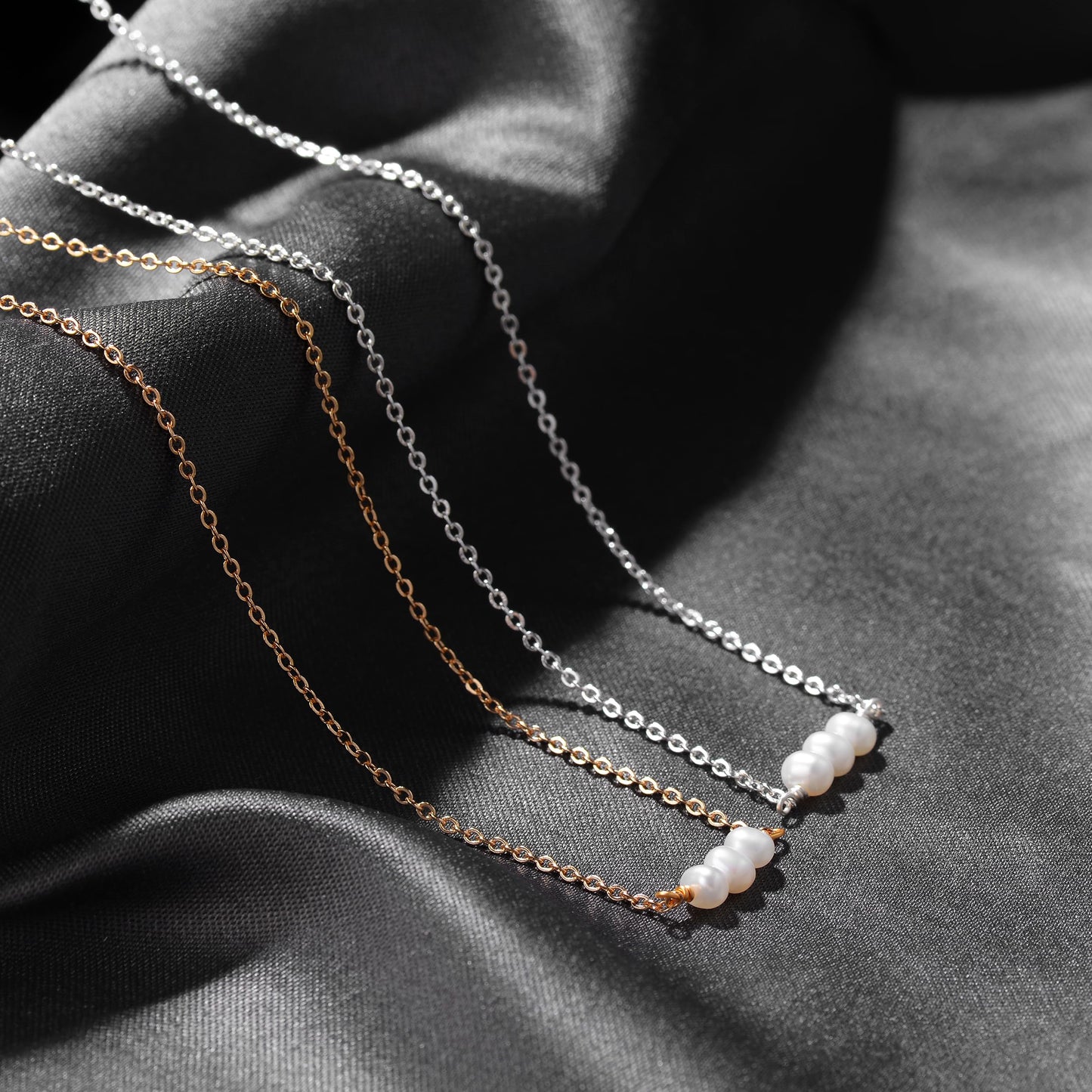 14K Gold Plated 3 Tiny Pearl Necklace for Women, Dainty Minimalist Pearl Choker, 14"+2" Adjustable Extension Chain, Delicate Layering Jewelry for Daily Wear & Gift