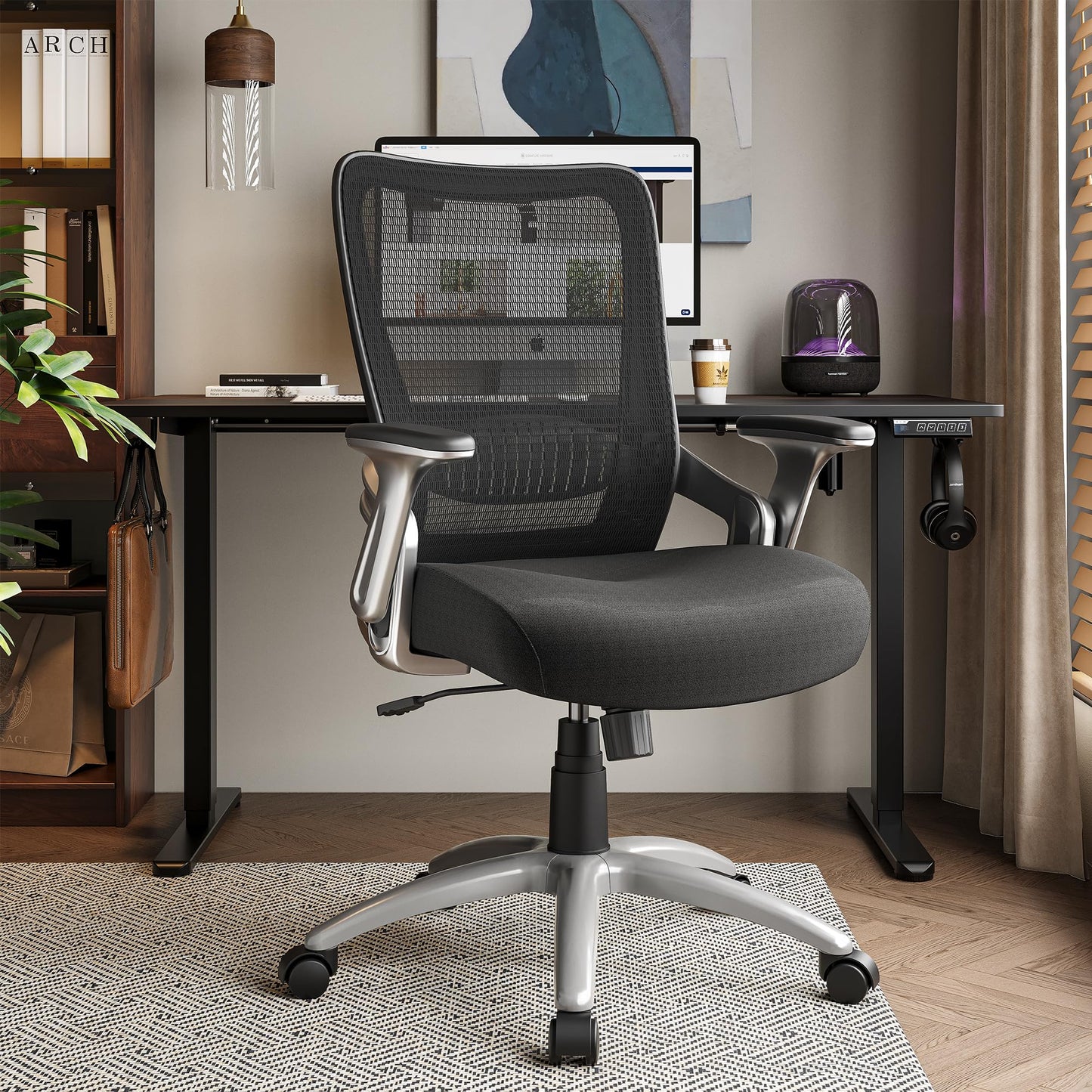 SUNNOW Office Chair, Ergonomic Computer Desk Chair, Sturdy Executive Task Chair - Adjustable Lumbar Support, Flip-up Arms, Tilt Function, Comfy Wide Seat, Swivel Mesh Home Office Desk Chairs (Black)