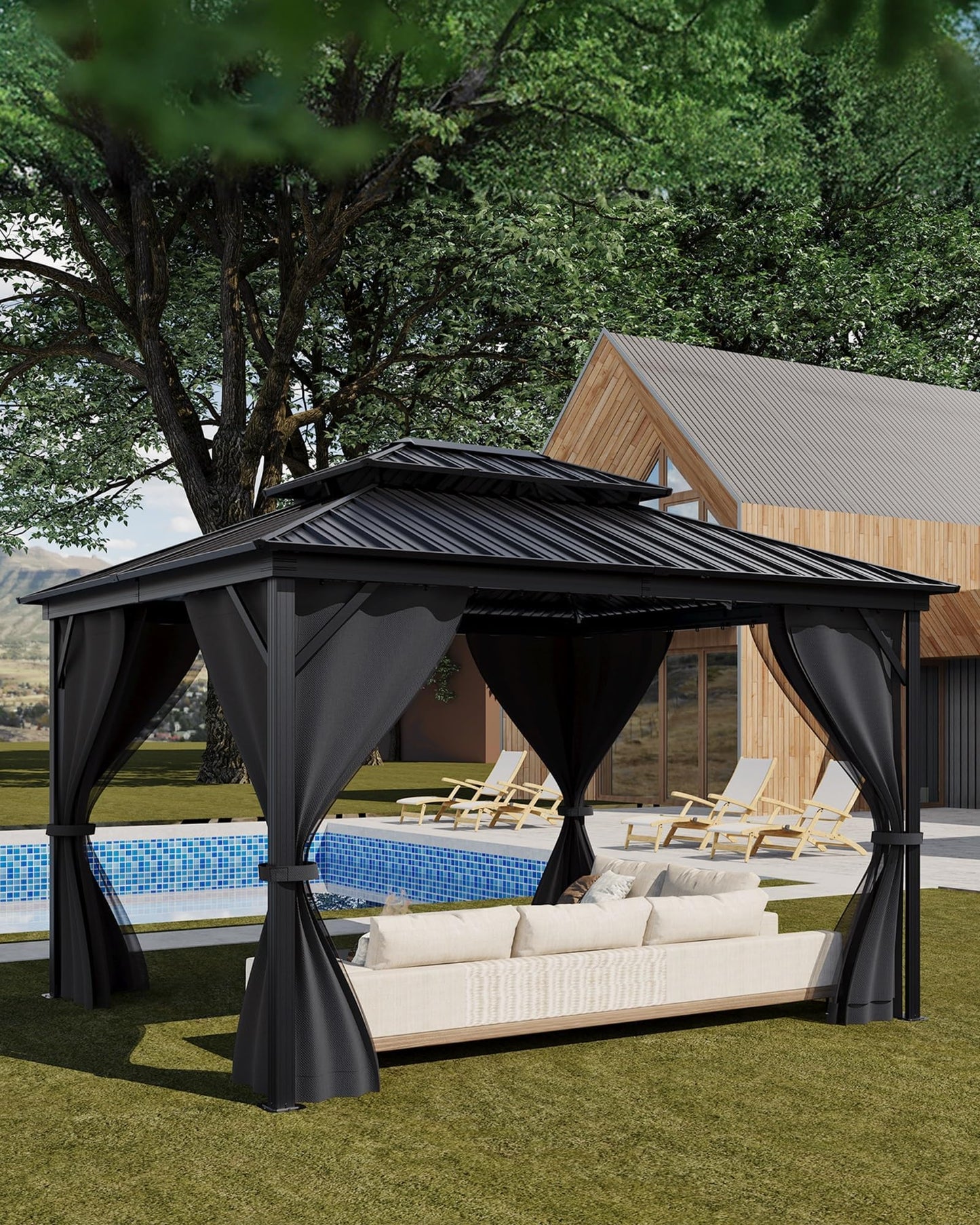 8'X8' Hardtop Gazebo, Outdoor Double Roof Galvanized Steel Gazebo, Aluminum Heavy-Duty Steel Top Canopy with Mosquito Net & Privacy Curtain for Patio, Porch, Garden, Lawn, Deck, Backyard,Gray