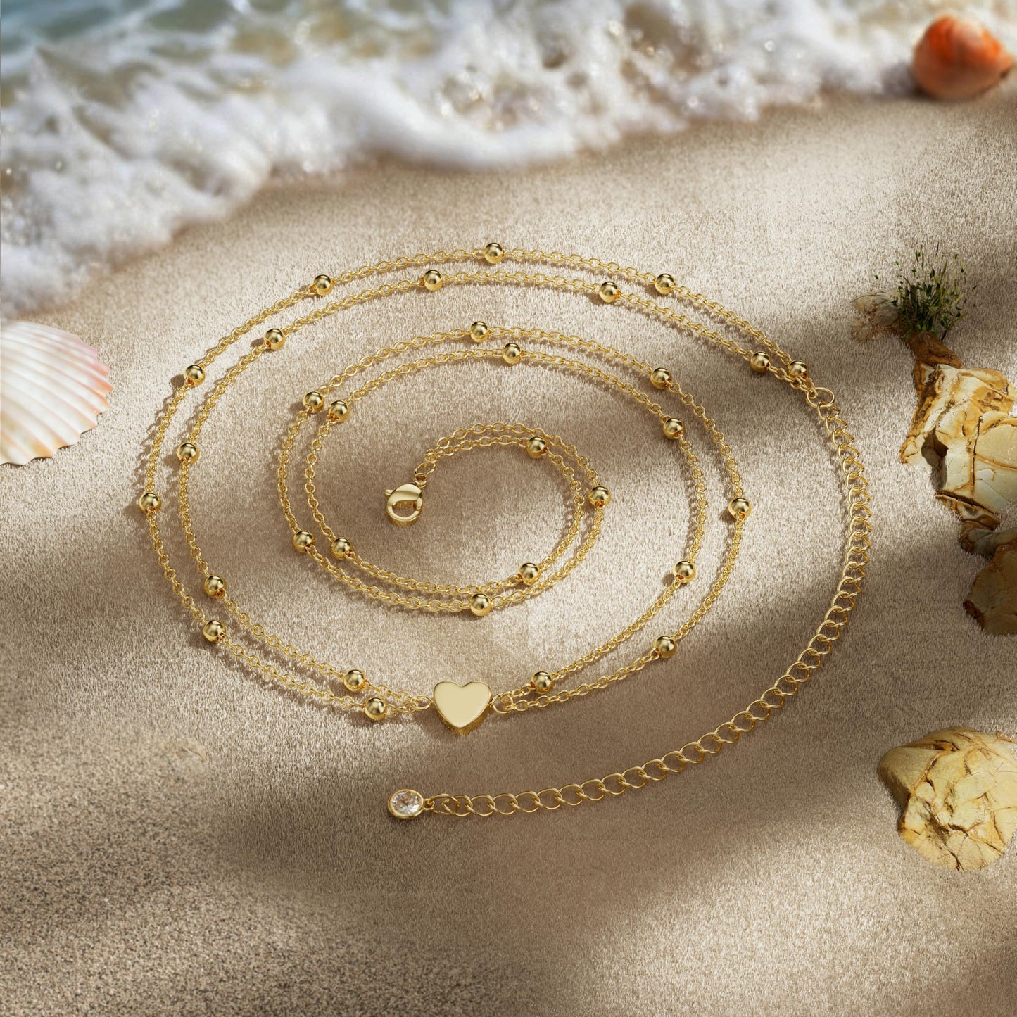 MOODEAR 14K Gold Plated Waist Chain for Women – Double Layered Belly Bead Body Chain Belt with Heart Charm, Waterproof Summer Beach Jewelry for Bikini, Dress & Vacation