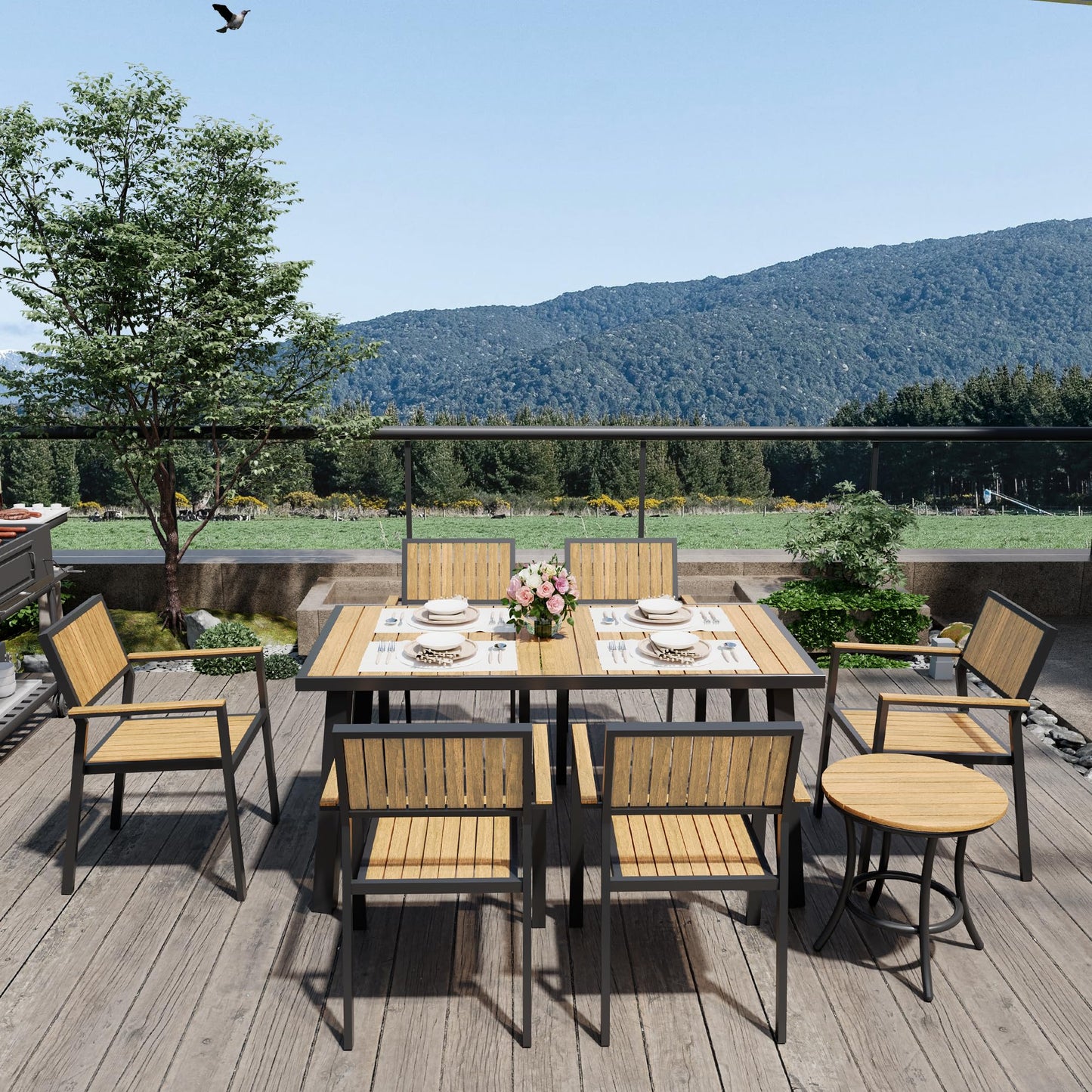 Pamapic 8-Piece Patio Dining Set,Outdoor Aluminum Furniture Set with Plastic-Wood Table Top,Outdoor Furniture Set with 6 Outdoor Stackable Chairs for Patio Garden Poolside (Teak)