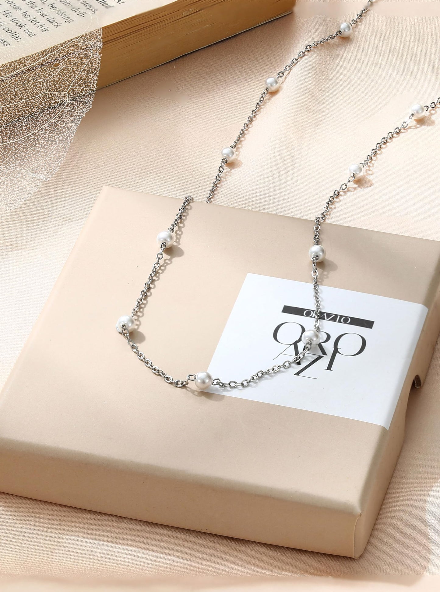 ORAZIO Dainty Gold Pearl Necklaces for Women, Silver Plated Faux Pearl Choker Necklaces Trendy Small Pearl Necklace Strand Wedding Prom Bridal Pearls Jewelry Gifts 20 in 4mm
