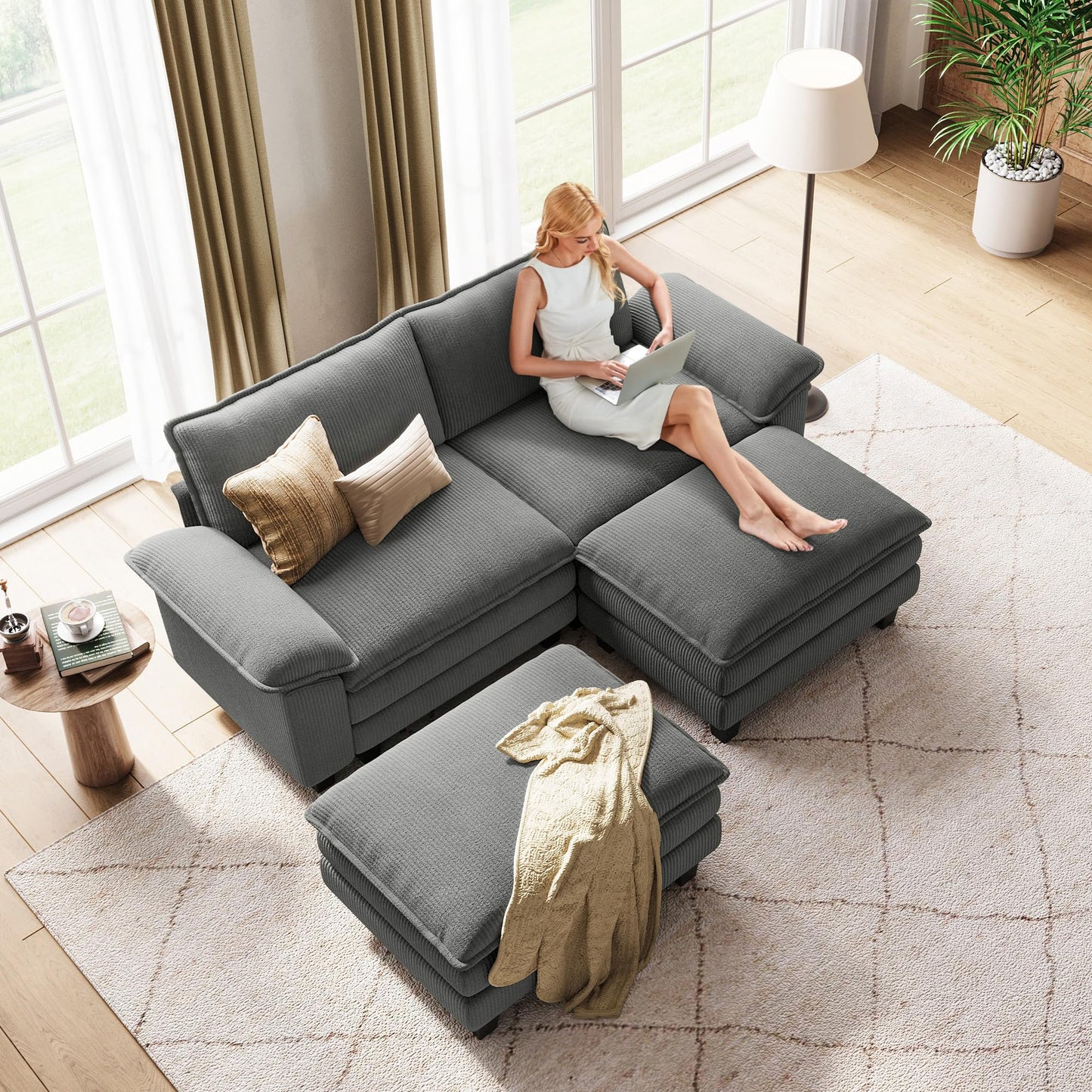 LINSY HOME Modular Sectional Sofa - 90 Inch Oversized Corduroy Cloud Couch with Movable Ottoman Soft Modern Comfy Sofa Set for Living Room Apartment Office, Grey