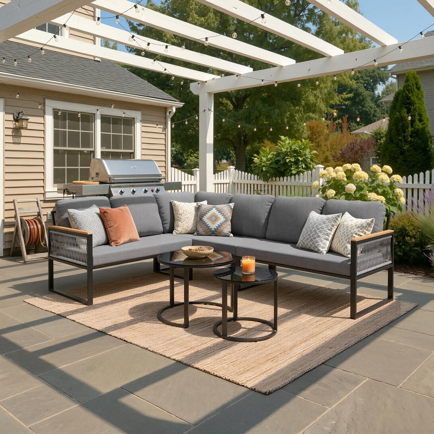 Crestlive 6 Piece Patio Furniture Set, Modern L-Shaped Outdoor Sectional Sofa with Nesting Tables, 4 Inch Thick Cushion, All Weather Resistant Outdoor Furniture Set for Backyard Patio Garden