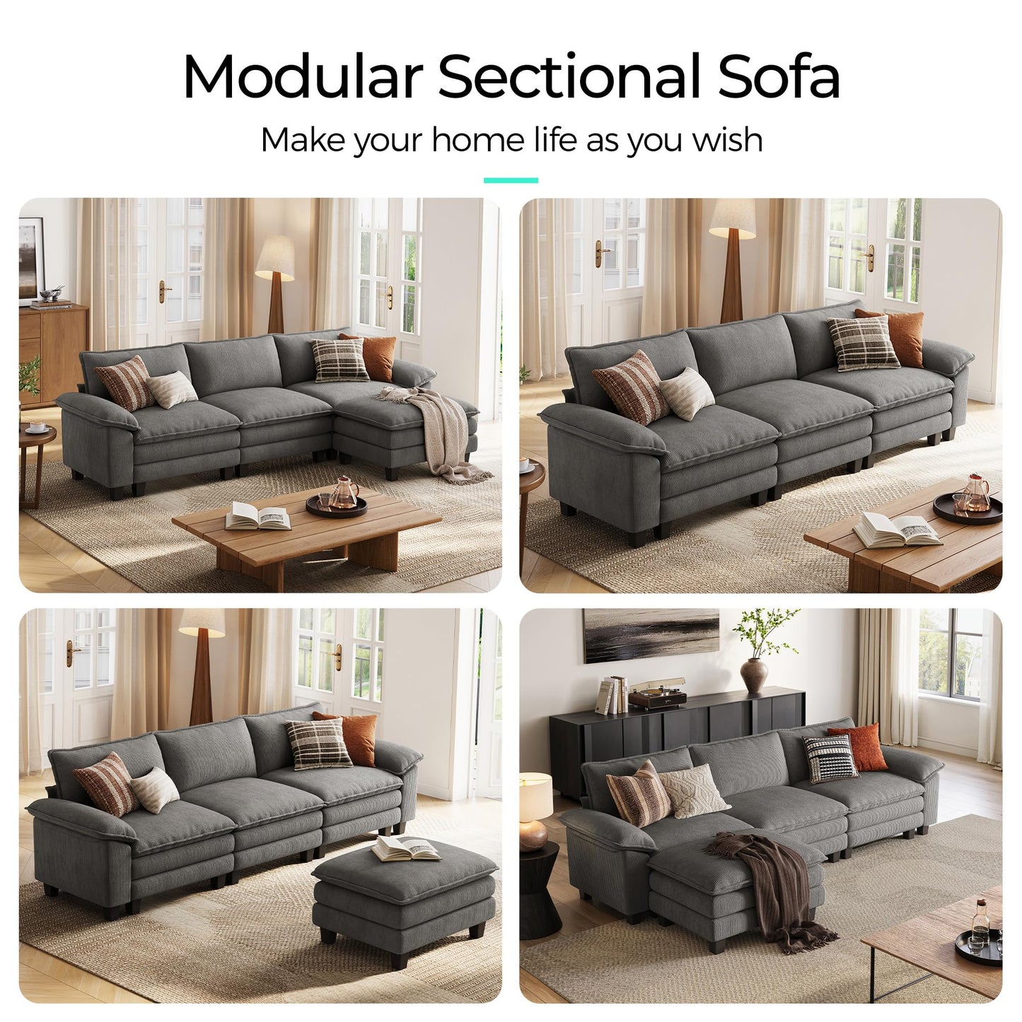 LINSY HOME 123'' Modular Sectional Sofa Grey Couch Corduroy Cloud Couches for Living Room, L Shaped Couch with Movable Ottoman, Modern Cloud Sectional Sofas for Bedroom and Apartment, Grey