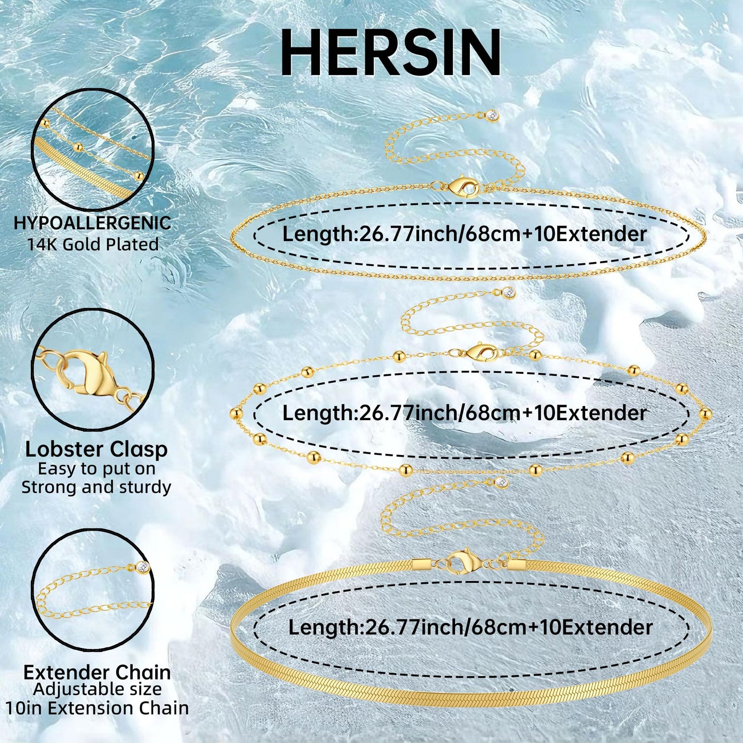 HERSIN Waist Chain for Women, 3 Pairs 14K Gold Plated Layered Belly Belt Chains Beach Waist Beads Chain Waterproof Herringbone Snake Body Chain Summer Jewelry Accessories for Women