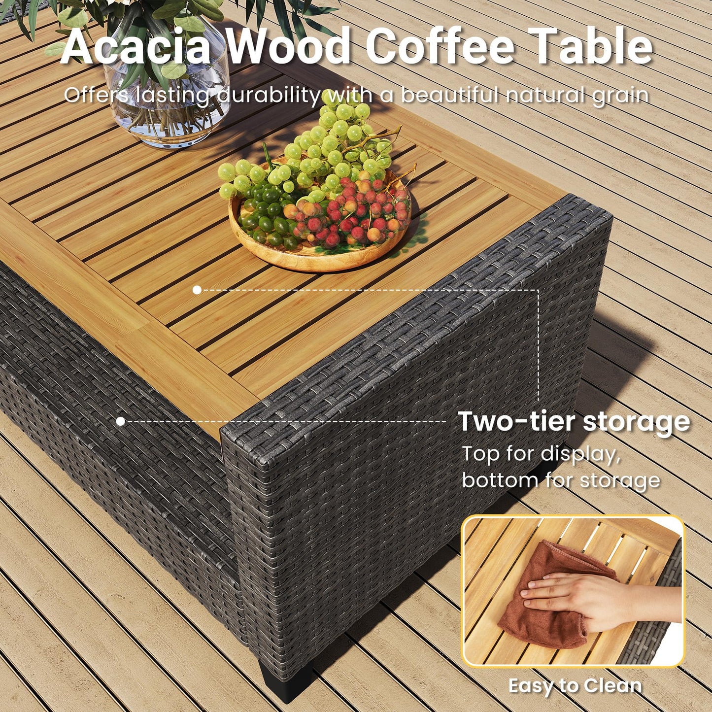 Wisteria Lane 4 Piece Patio Furniture Set, Wicker Outdoor Patio Conversation Furniture Set, All Weather Outdoor Patio Sofa with Cushion and Wood Table, Grey Wood