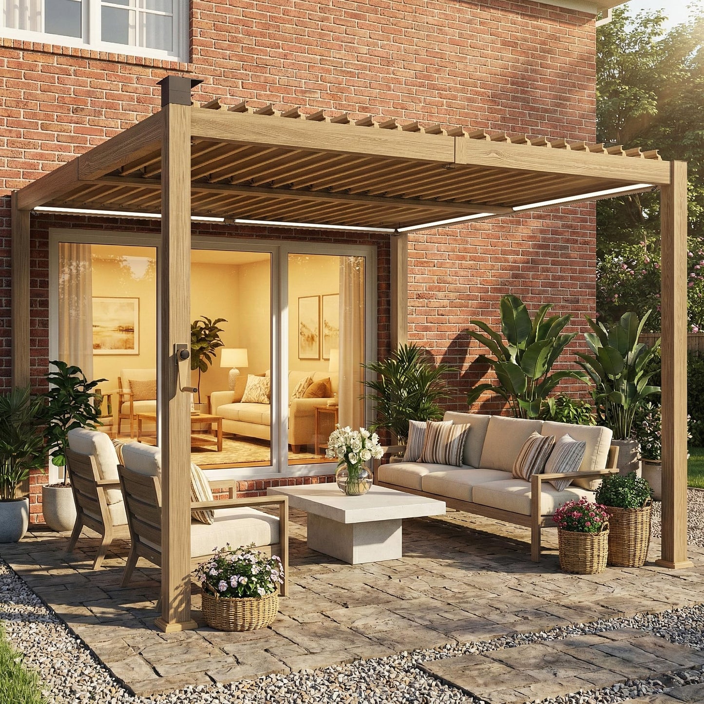 Outsunny Louvered Pergola with Solar LED Lights, 10' x 10' Outdoor Pergola Metal Patio Hardtop Gazebo with Adjustable Metal Louvered Roof, Drainage Gutters, Handle for Deck, Brown