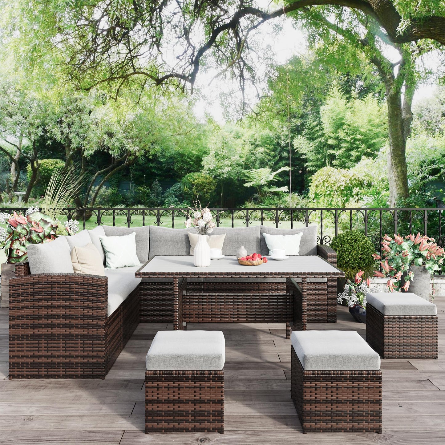 Wisteria Lane 7 Piece Patio Furniture Set, Wicker Patio Sectional with Wide Armrest, All Weather Outdoor Dining Set, Outdoor Furniture Patio Conversation Set with Ottoman, Grey