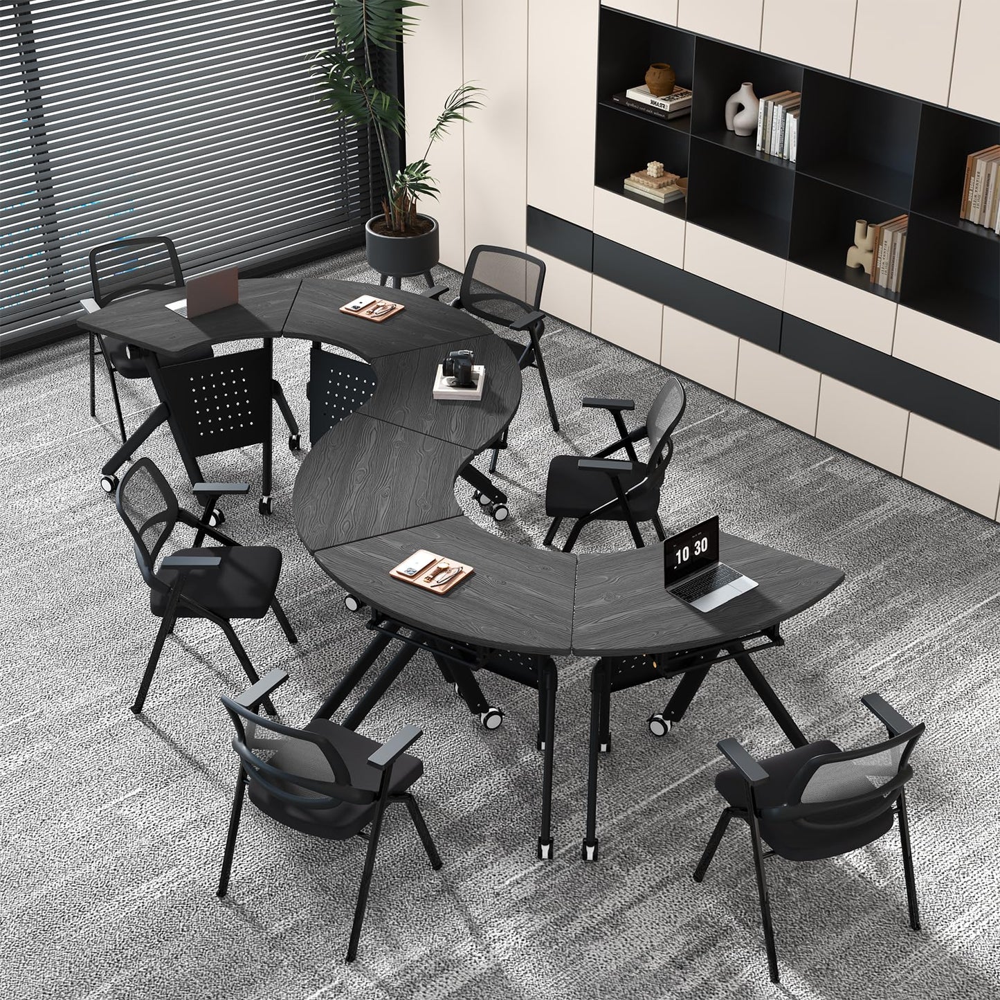 JFazzruit Folding Conference Table,Fan-Shaped Conference Room Tables with Wheels, Mobile Modular Seminar Meeting Desk for Classrooms,Office & Seminar (6, Fan-Black)