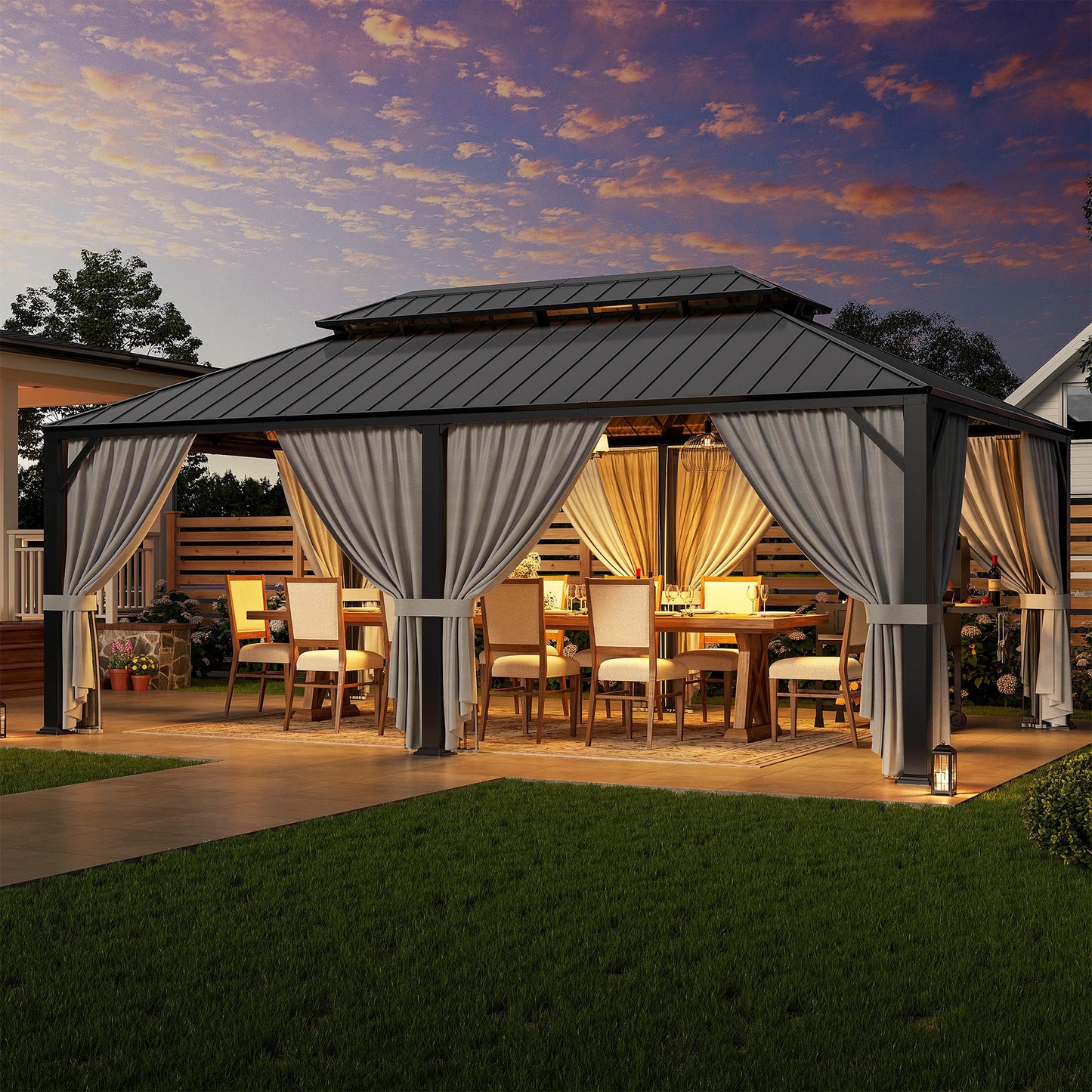 IRONCK 20'x12' Hardtop Gazebo, Update Aluminum Frame Gazebo with Galvanized Steel Double Roof, Outdoor Pergola with Curtain and Net, Backyard Canopy for Garden, Deck, Gray and Black