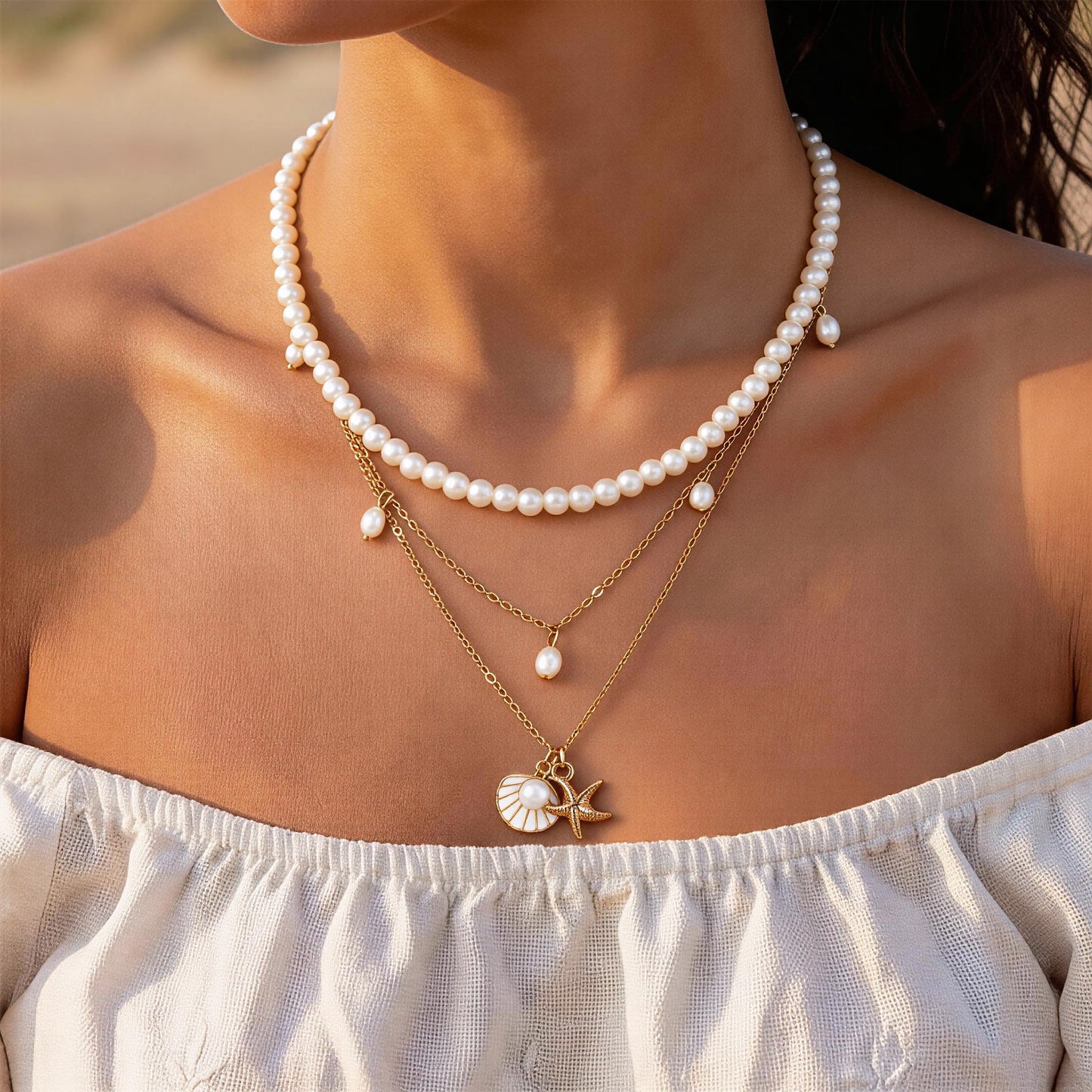 KummerSaprk Seashell Necklace Summer Vacation Jewelry for Women Gold Beachy Necklace Stack Starfish Flower Cowrie Sea Shell Pendant Necklaces Summer Essentials Accessories Gifts