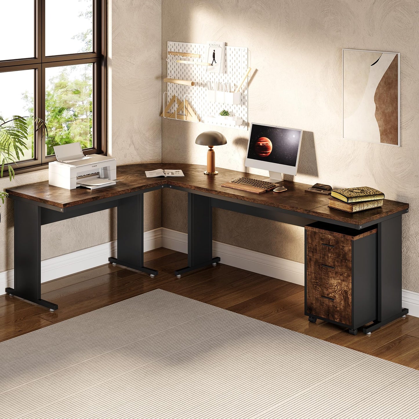 LITTLE TREE 83 Inch L-Shaped Office Desk with Drawers, Large Executive Office Desk with Storage, Wooden Computer Desk with File Cabinet, Modern Work Desk for Home Office, Brown