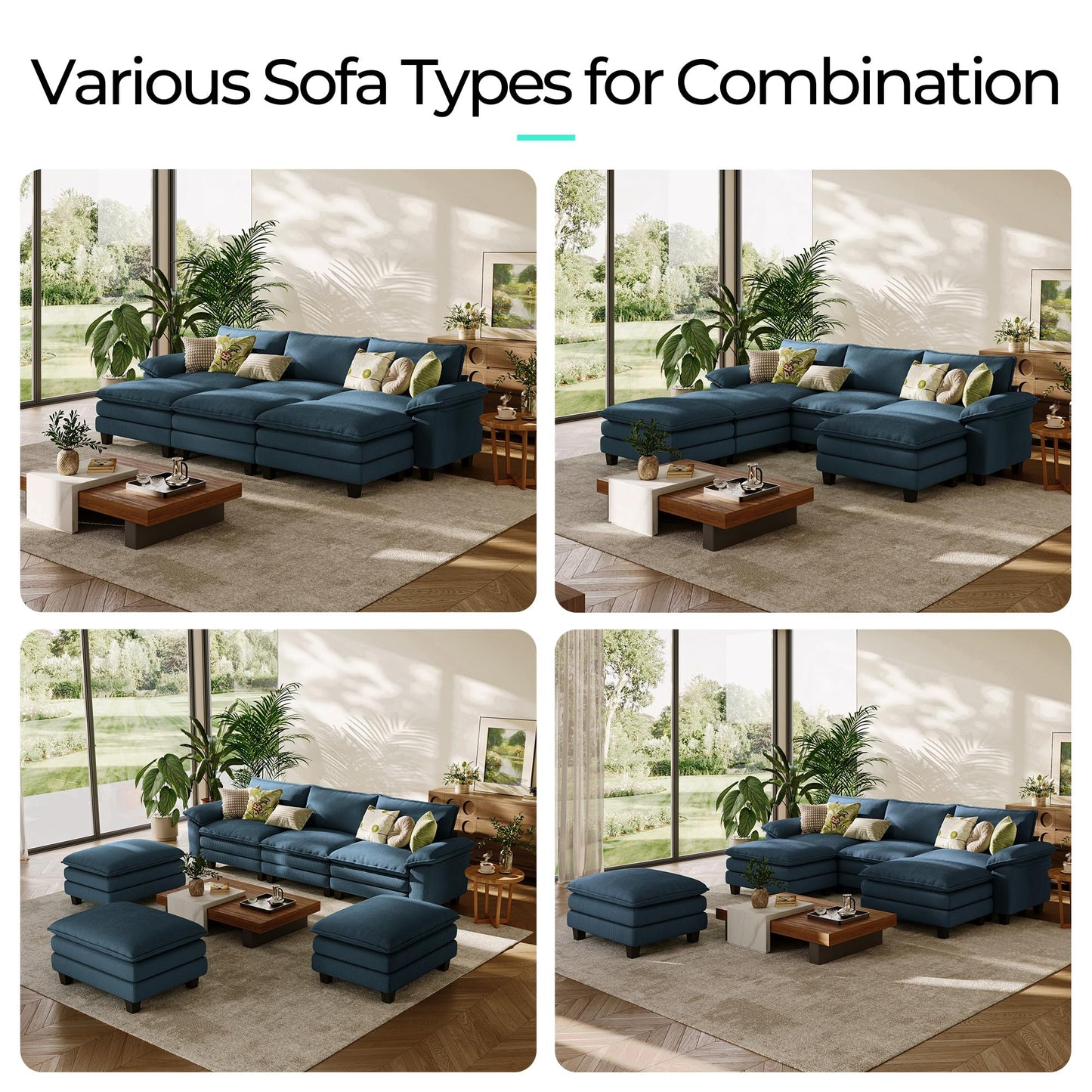 LINSY HOME Modular Sectional Sofa - 123 Inch Oversized Corduroy Cloud Couch with Movable Ottoman Soft Modern Comfy Sofa Set for Living Room Apartment Office, Blue