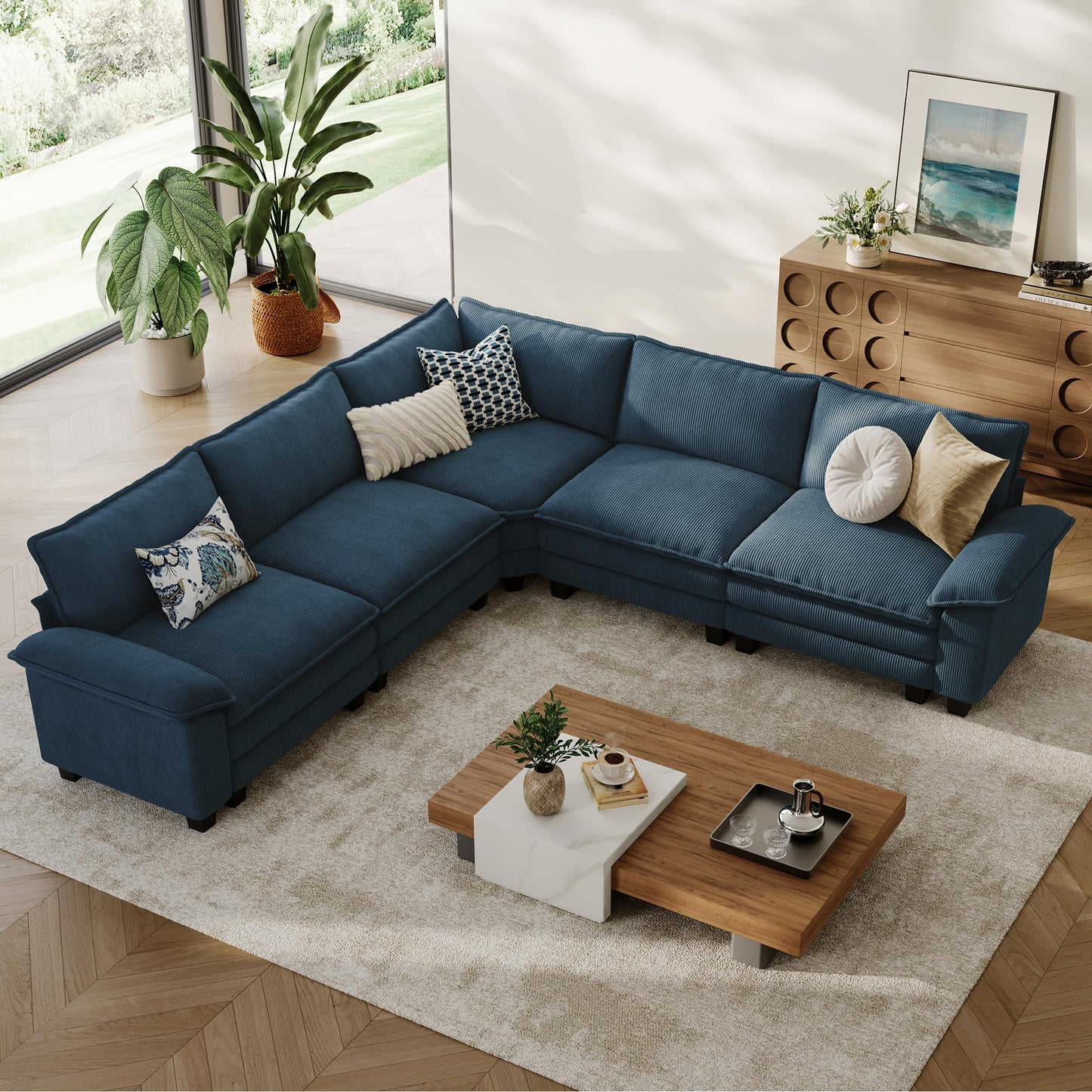 LINSY HOME 119" Modular Sectional Sofa Couch Corduroy Cloud Couches for Living Room, V-Shaped Cloud Couch Sectional Sofas for Bedroom and Apartment, Blue